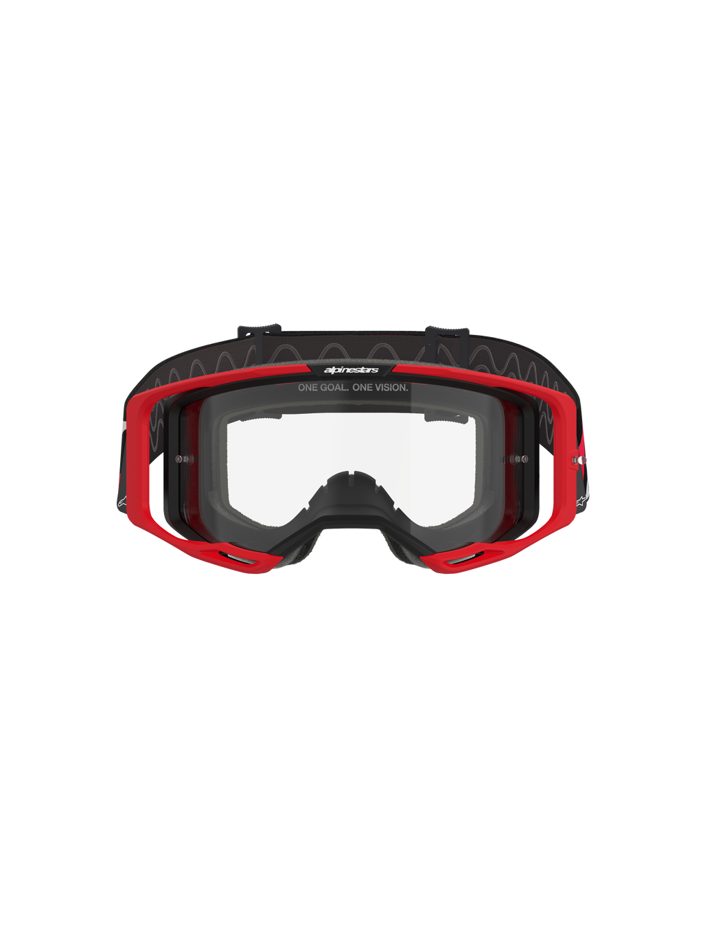 Alpinestars Vision 8 Luar Goggles, motocrossglasögon, röd, svart och klar, med röd A-FLEX-ram, klar imfri polykarbonatlins, svart justerbar vävd rem med logotyp, högpresterande ögonskydd för terrängkörning