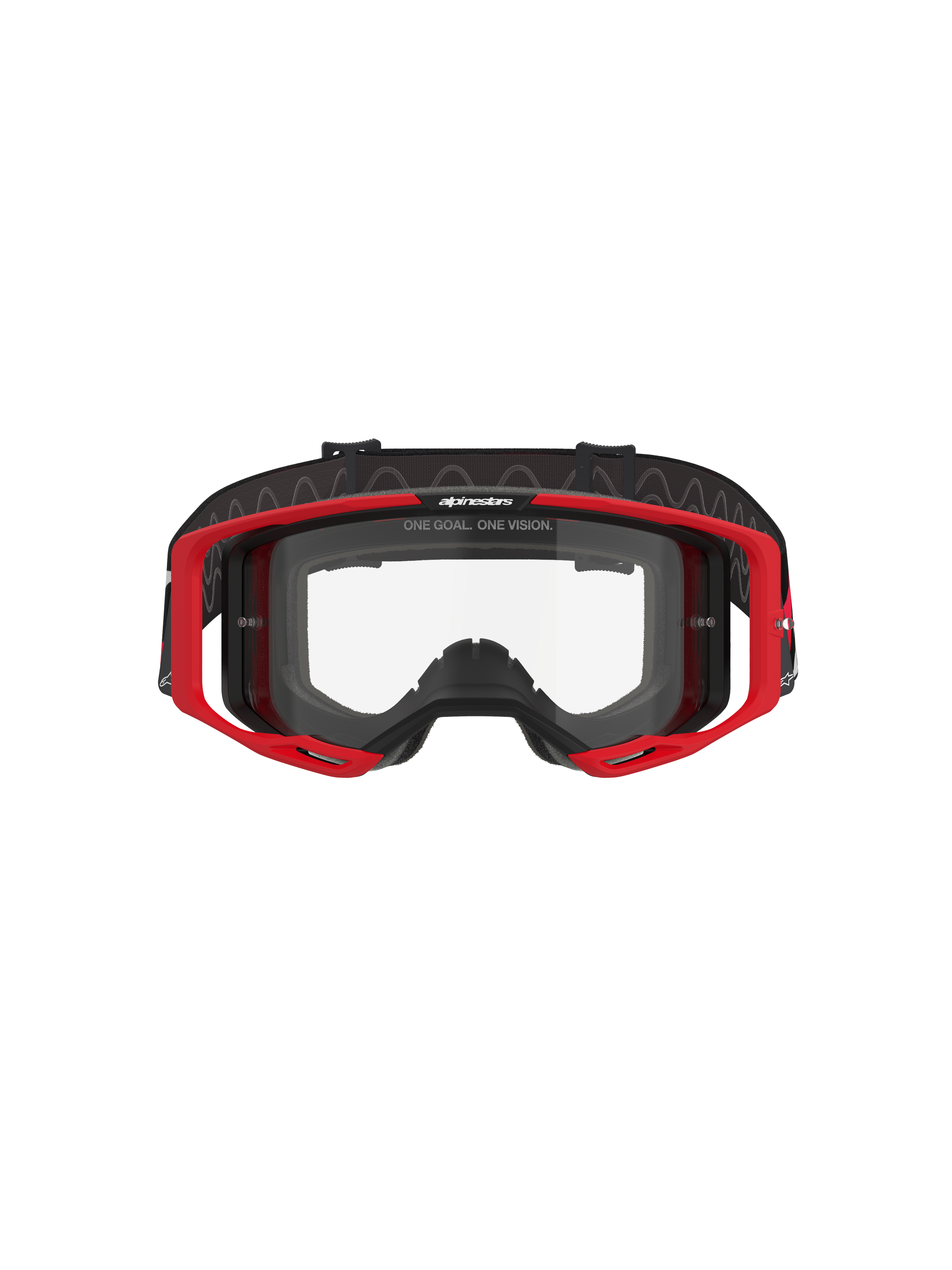 Alpinestars Vision 8 Luar Goggles, motocrossglasögon, röd, svart och klar, med röd A-FLEX-ram, klar imfri polykarbonatlins, svart justerbar vävd rem med logotyp, högpresterande ögonskydd för terrängkörning