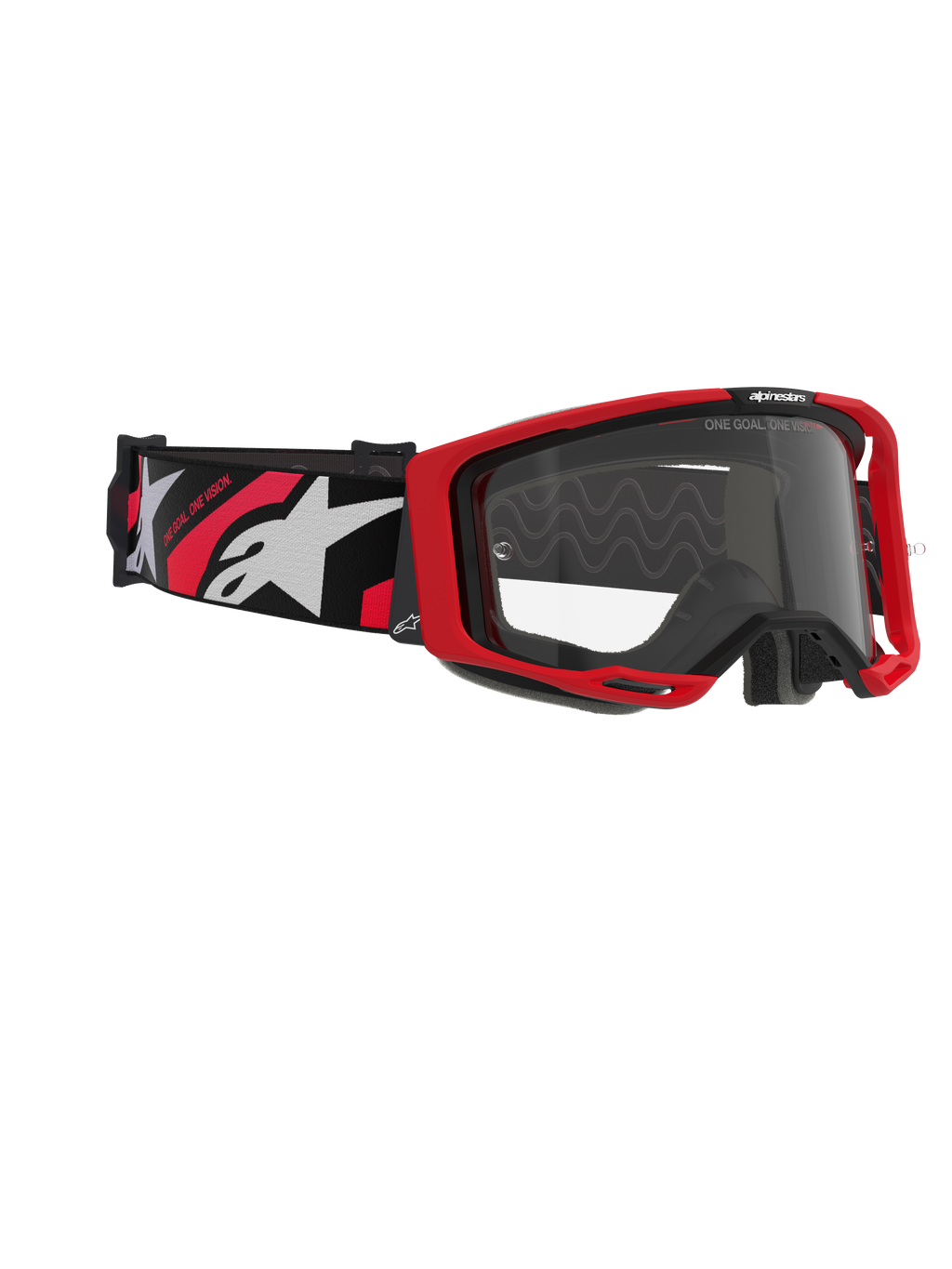 Alpinestars Vision 8 Luar-glasögon, motocrossglasögon, röd, svart och klar, med röd ram, klar imfri lins och svart band med vita och röda logotyper, professionellt ögonskydd för terrängkörning