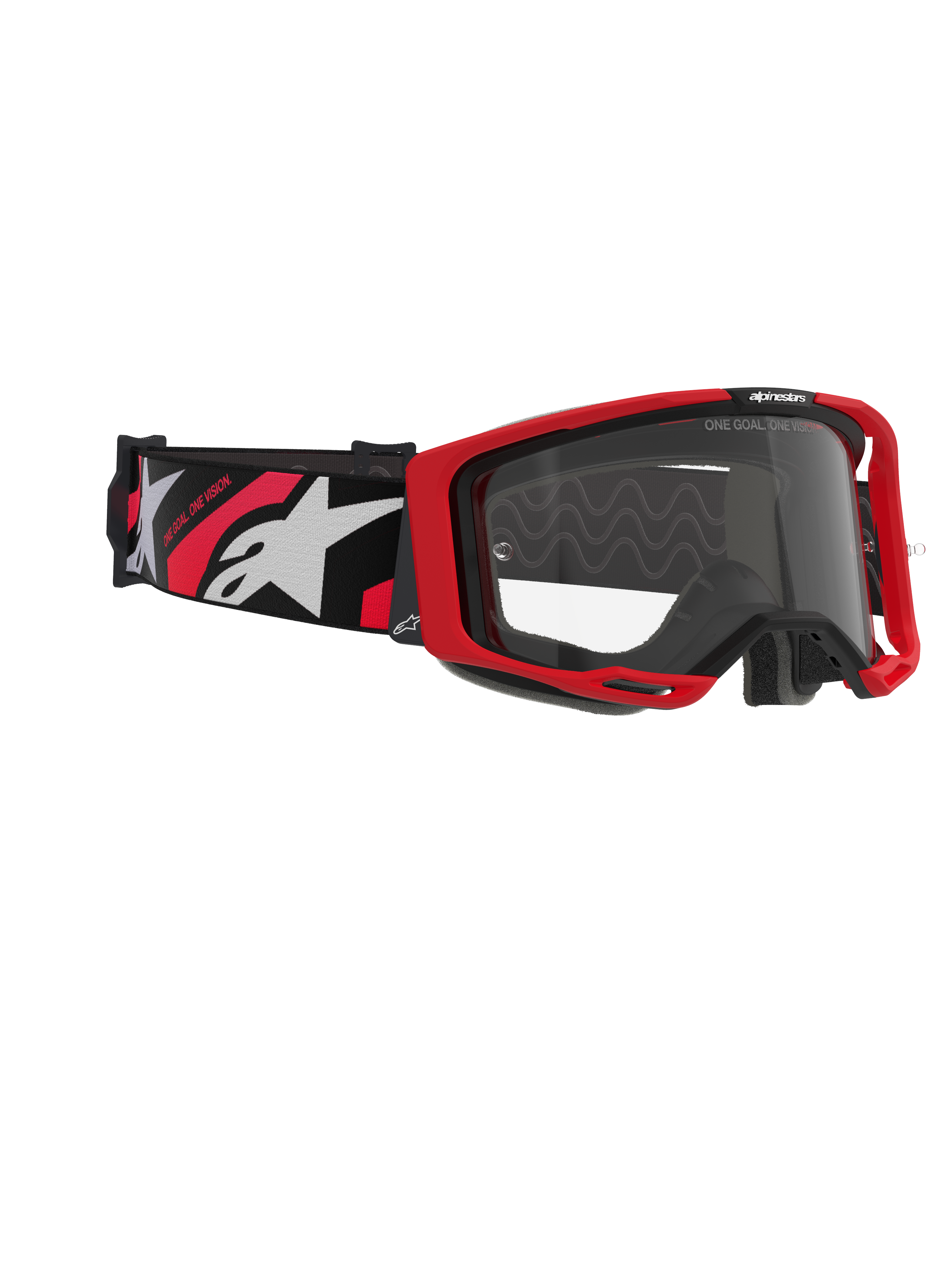 Alpinestars Vision 8 Luar-glasögon, motocrossglasögon, röd, svart och klar, med röd ram, klar imfri lins och svart band med vita och röda logotyper, professionellt ögonskydd för terrängkörning