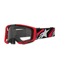 Alpinestars Vision 8 Luar Goggles, motocrossglasögon, röda och svarta med klar lins, med en röd A-FLEX-ram, klar imfri lins och en svart vävd rem med röd och vit grafik och Alpinestars-branding
