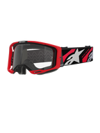 Alpinestars Vision 8 Luar Goggles, motocrossglasögon, röda och svarta med klar lins, med en röd A-FLEX-ram, klar imfri lins och en svart vävd rem med röd och vit grafik och Alpinestars-branding