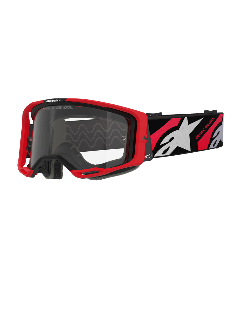 Alpinestars Vision 8 Luar Goggles, motocrossglasögon, röda och svarta med klar lins, med en röd A-FLEX-ram, klar imfri lins och en svart vävd rem med röd och vit grafik och Alpinestars-branding