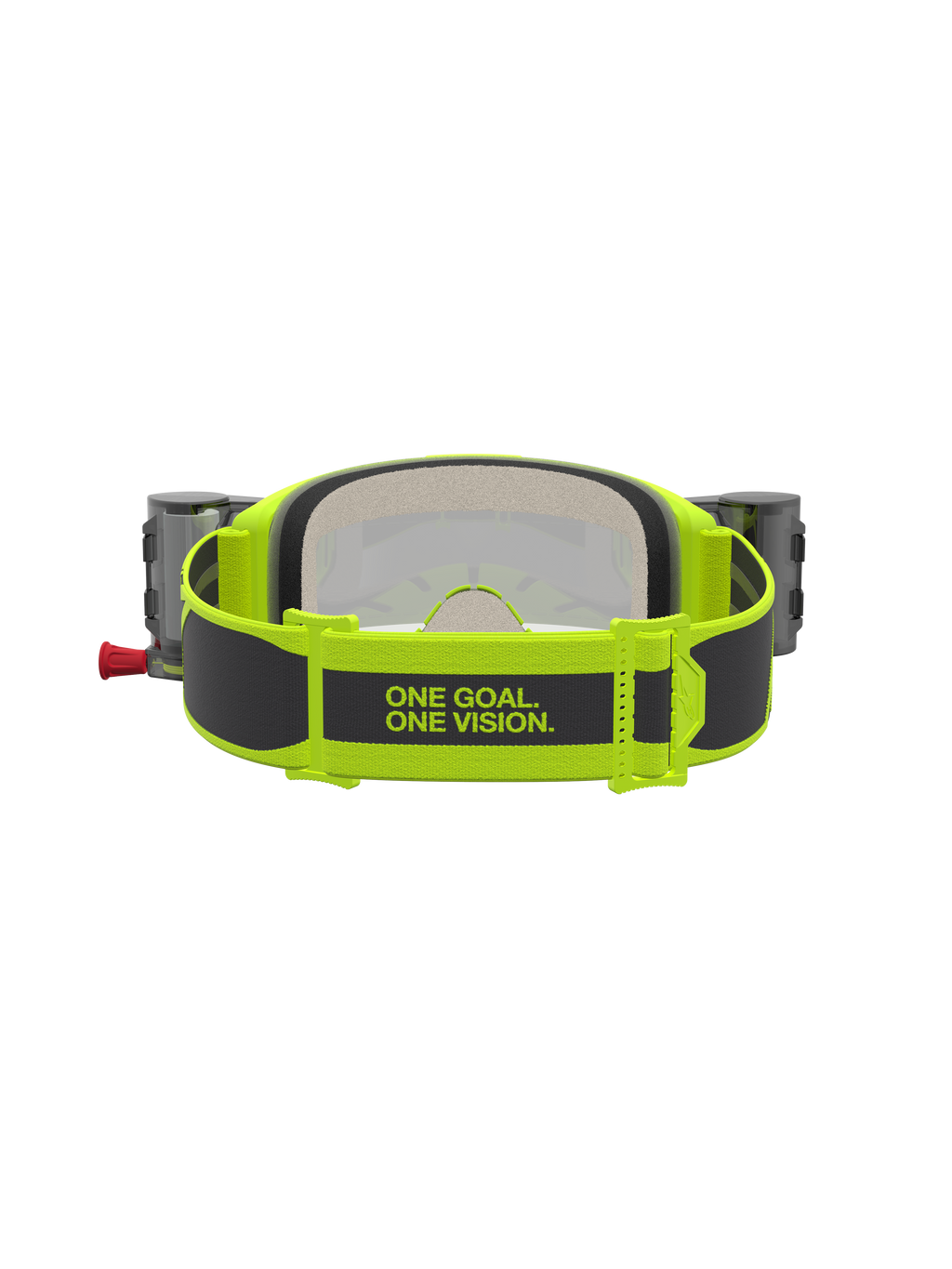 Alpinestars Vision 5 Rora Goggles Roll Off, motocross-goggles, gul fluo och svart, bakre rem med slogan One Goal. One Vision. och integrerat roll-off-system