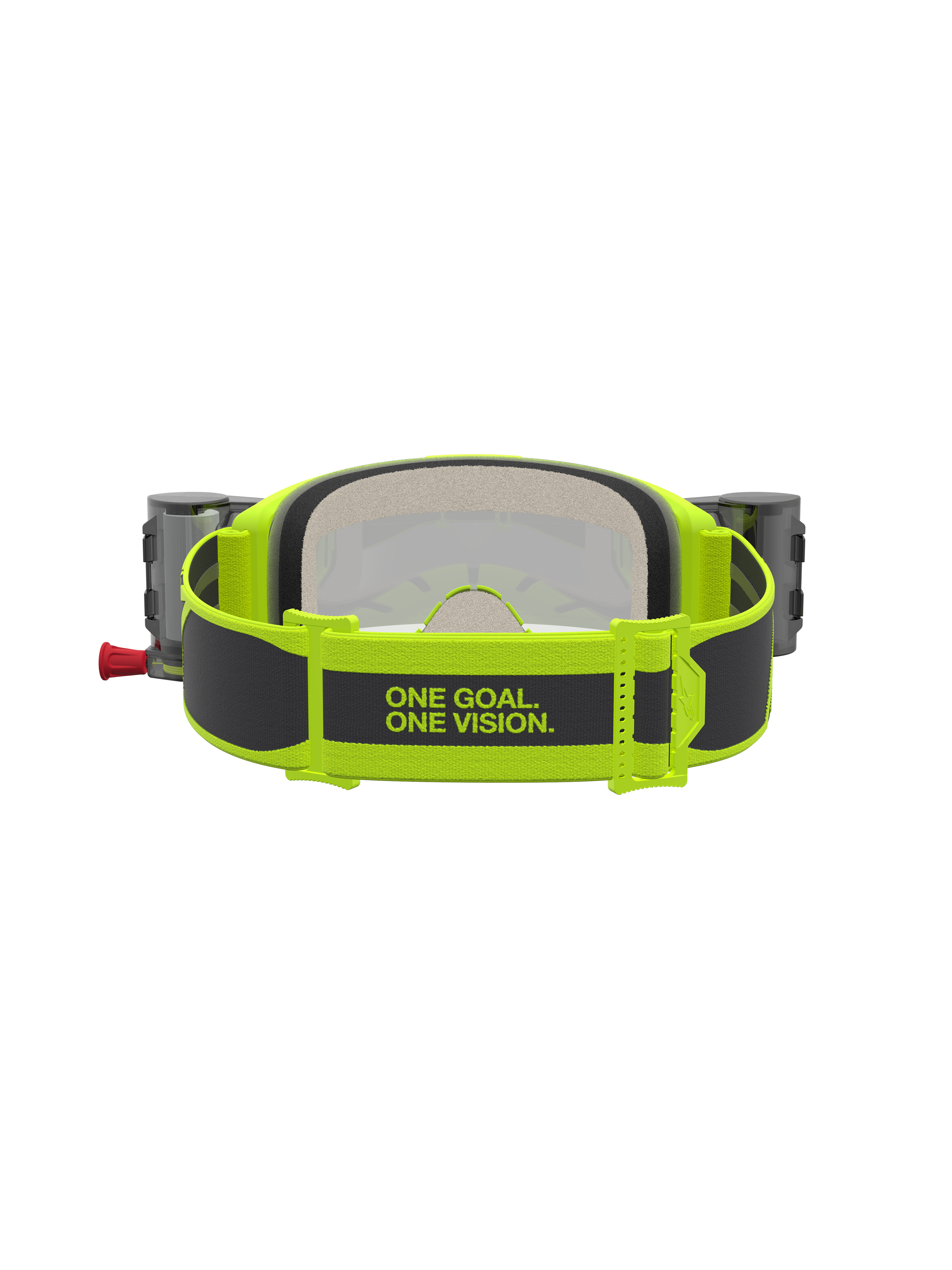Alpinestars Vision 5 Rora Goggles Roll Off, motocross-goggles, gul fluo och svart, bakre rem med slogan One Goal. One Vision. och integrerat roll-off-system