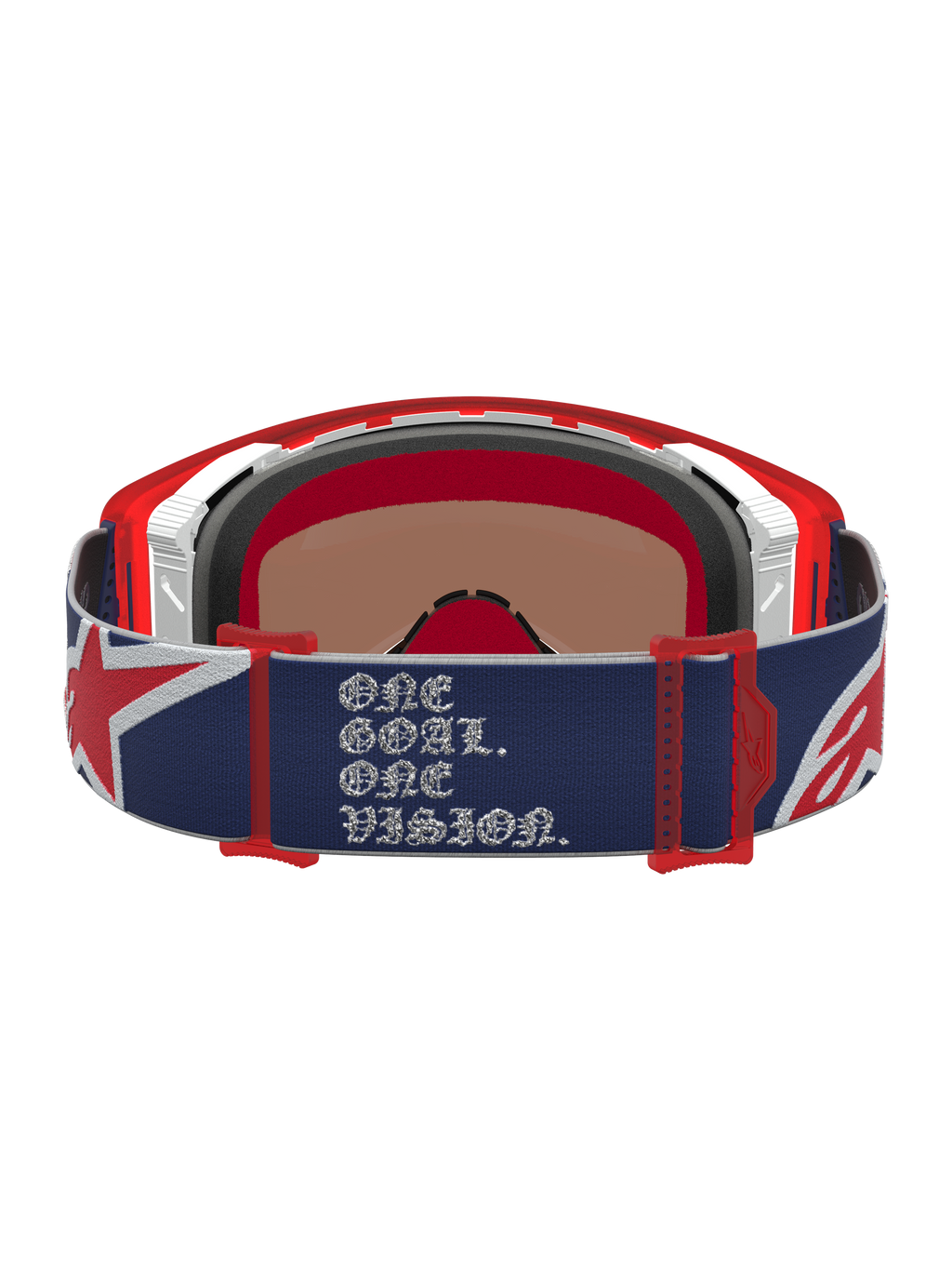 Alpinestars Supertech LE Fiftyfold goggles, blå och röda motocross-goggles med One Goal One Vision-rem.