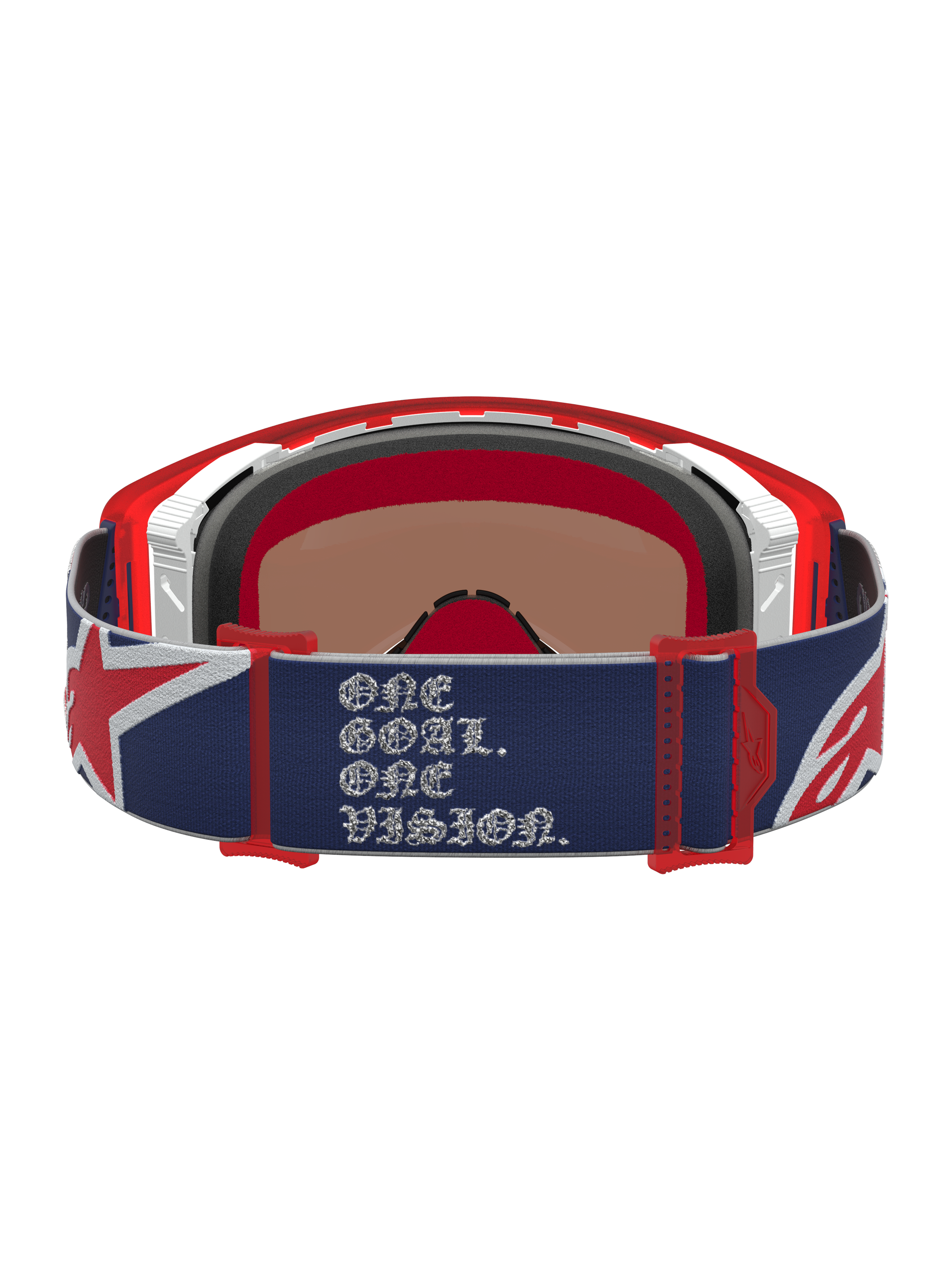 Alpinestars Supertech LE Fiftyfold goggles, blå och röda motocross-goggles med One Goal One Vision-rem.