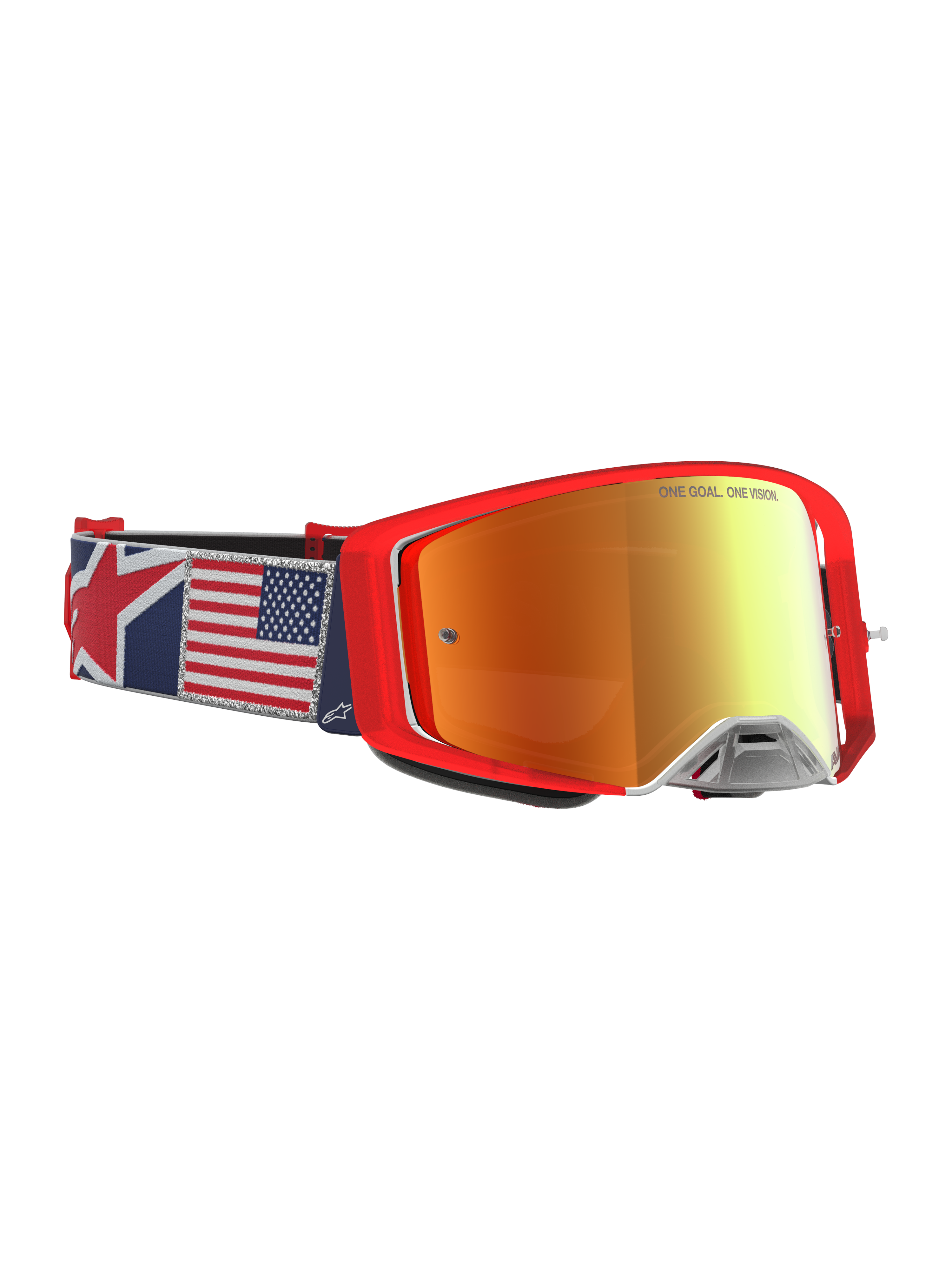 Alpinestars Supertech LE Fiftyfold goggles, röda motocross-goggles för terrängkörning, rött spegelglas och rem med USA-flagga, professionellt skydd