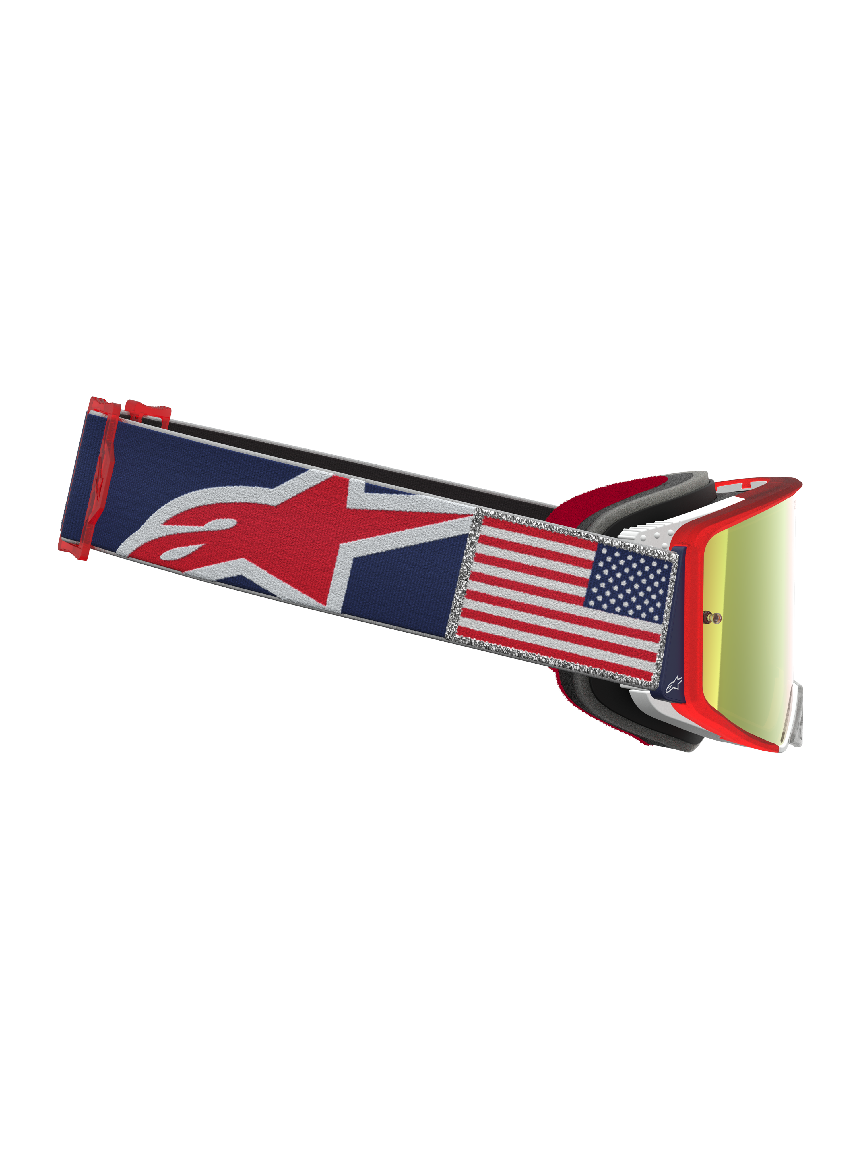 Alpinestars Supertech Fiftyfold goggles, motocrossgoggles i begränsad upplaga, blåa och röda, spegelröd lins och USA-flagga.