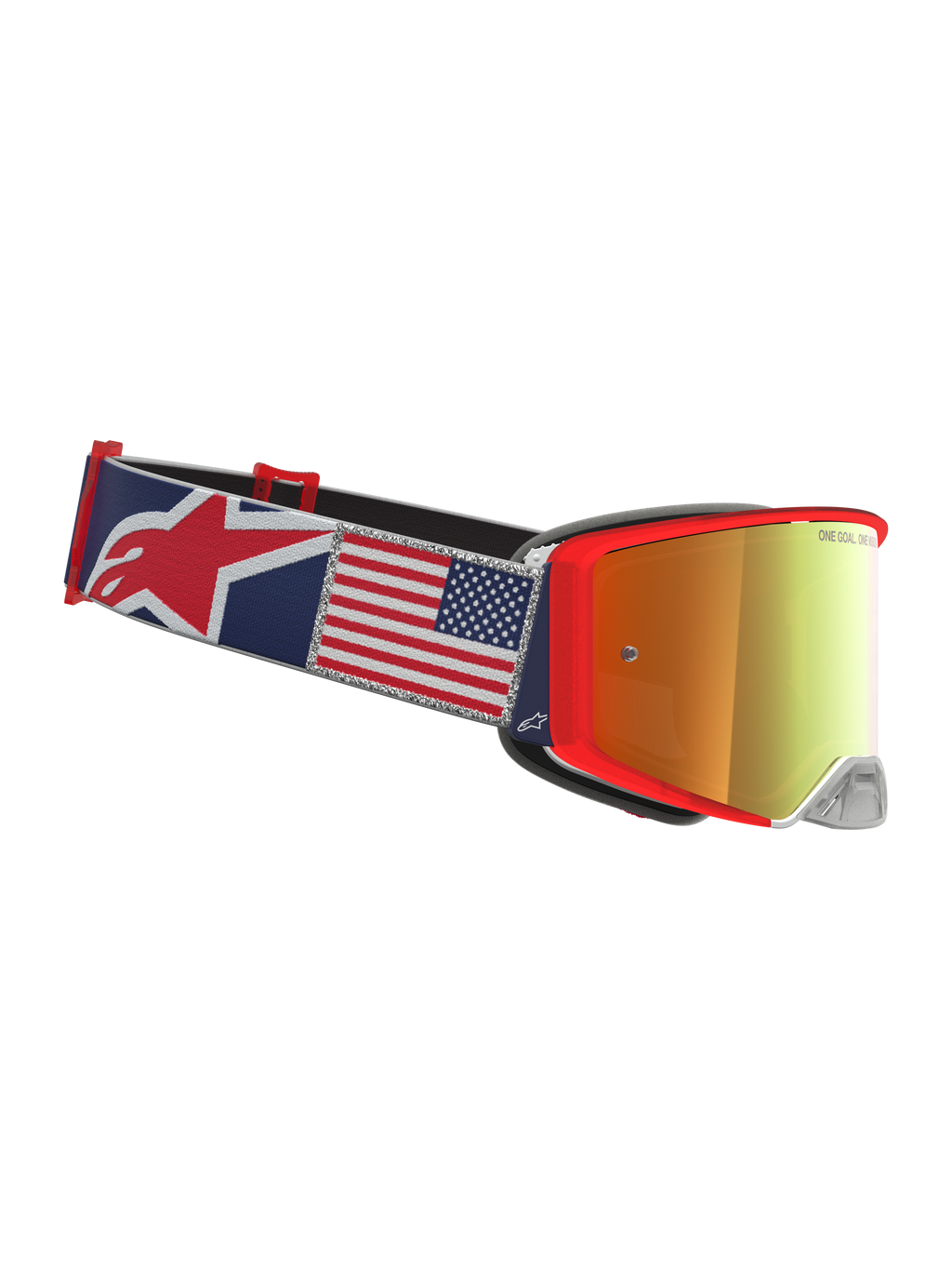 Alpinestars Supertech Fiftyfold goggles, röda och blå motocrossgoggles, rem med amerikansk flagga och guldtonad lins