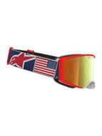 Alpinestars Supertech Fiftyfold goggles, röda och blå motocrossgoggles, rem med amerikansk flagga och guldtonad lins