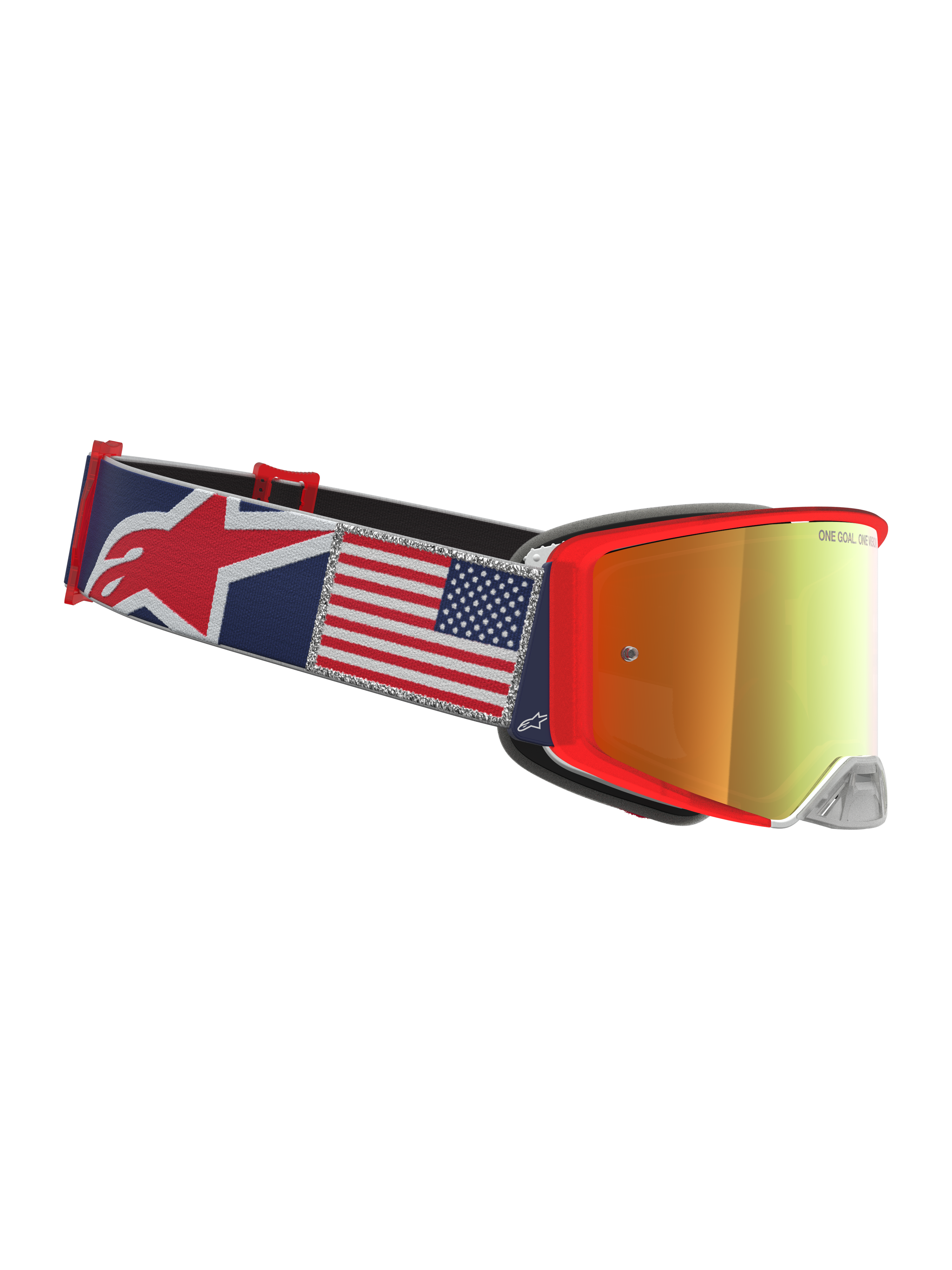 Alpinestars Supertech Fiftyfold goggles, röda och blå motocrossgoggles, rem med amerikansk flagga och guldtonad lins