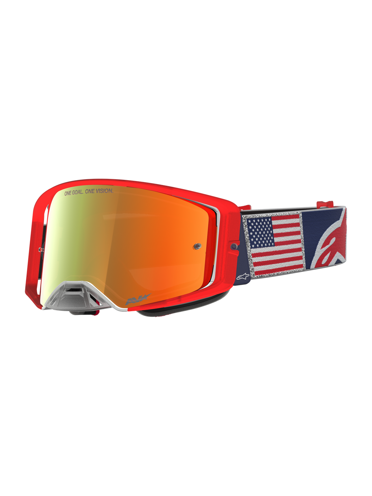 Alpinestars Supertech Fiftyfold Goggles, limited edition motocrossgoggles, röda och blåa med spegelglas och band med USA-flagga
