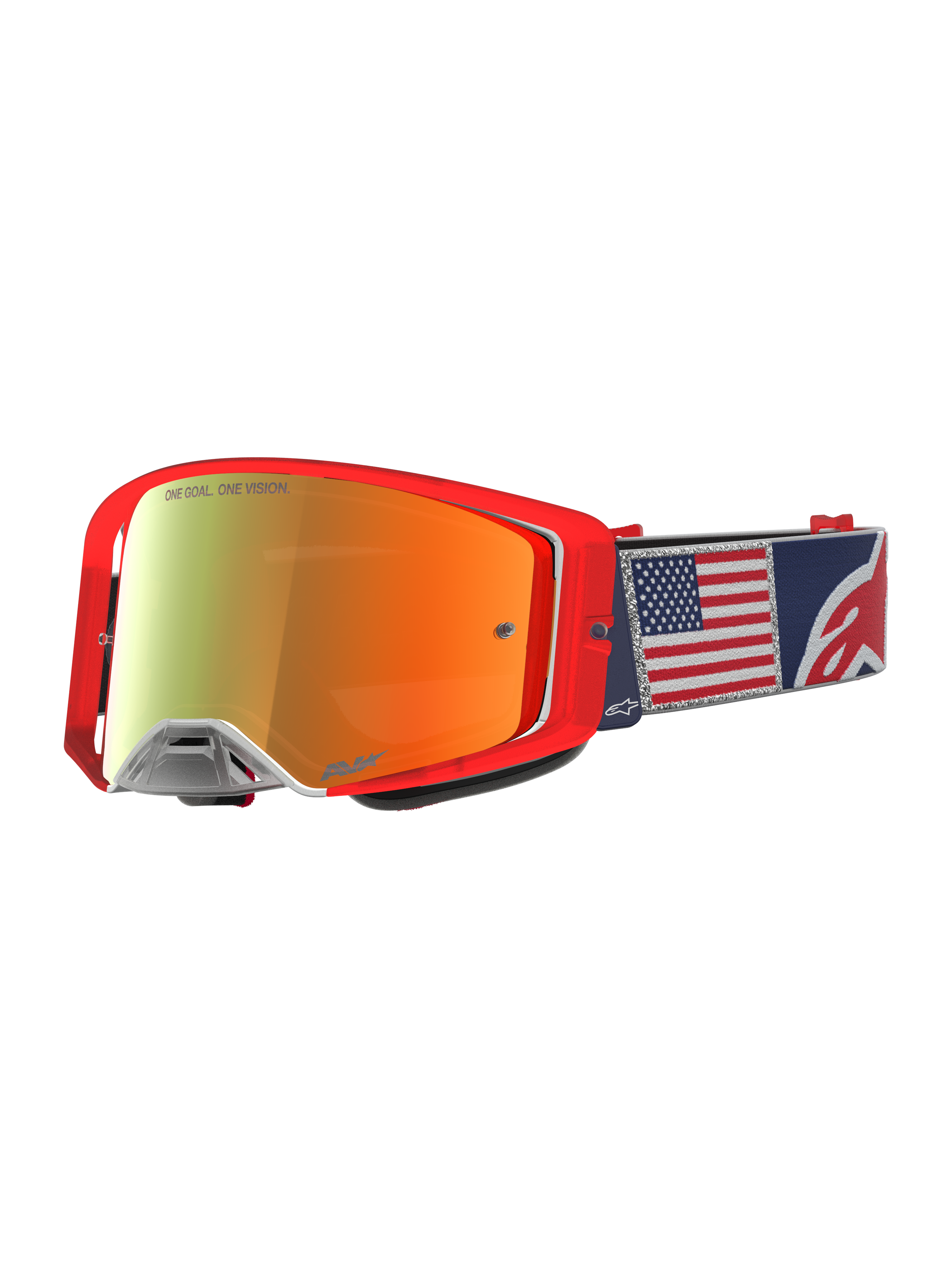 Alpinestars Supertech Fiftyfold Goggles, limited edition motocrossgoggles, röda och blåa med spegelglas och band med USA-flagga