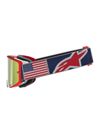 Alpinestars Supertech Limited Edition Fiftyfold goggles, röda motocrossgoggles med USA-flagga på blå rem och spegelglas.