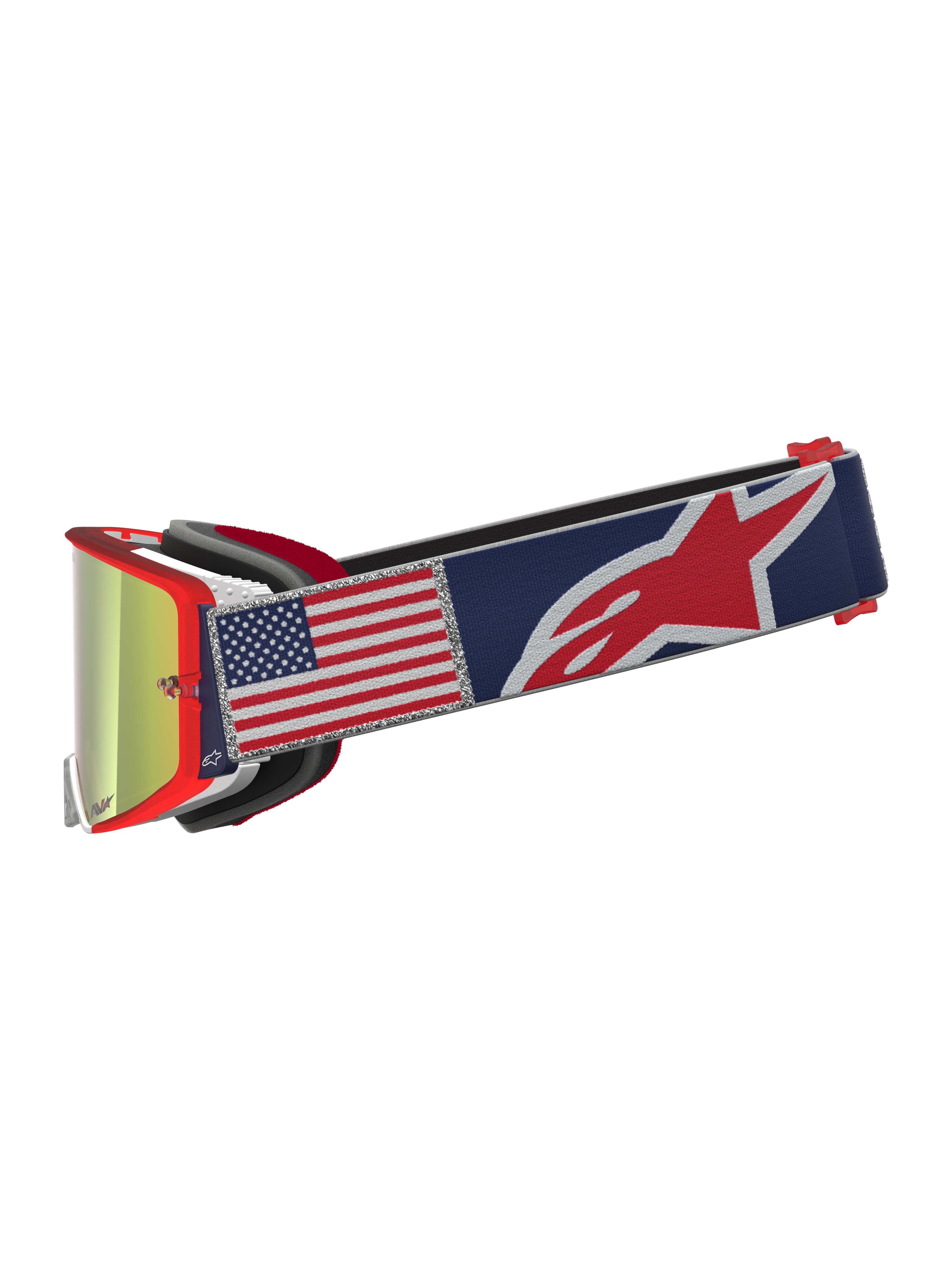 Alpinestars Supertech Limited Edition Fiftyfold goggles, röda motocrossgoggles med USA-flagga på blå rem och spegelglas.
