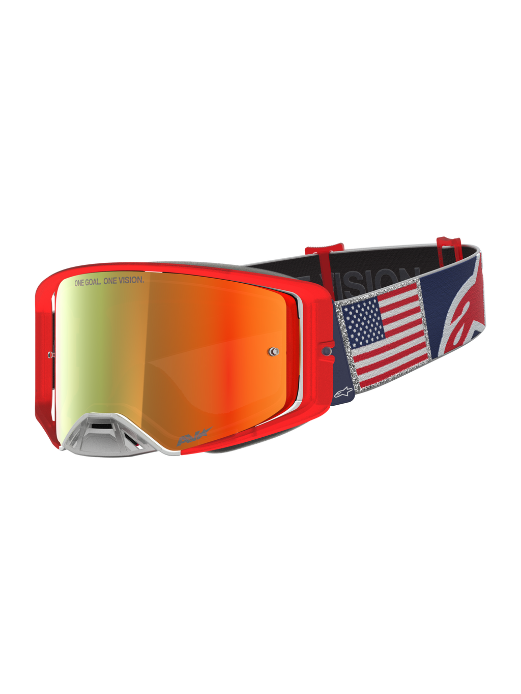 Alpinestars Supertech LE Fiftyfold goggles, motocrossgoggles i begränsad upplaga, röda och blåa med band med amerikanska flaggan och spegelröd lins
