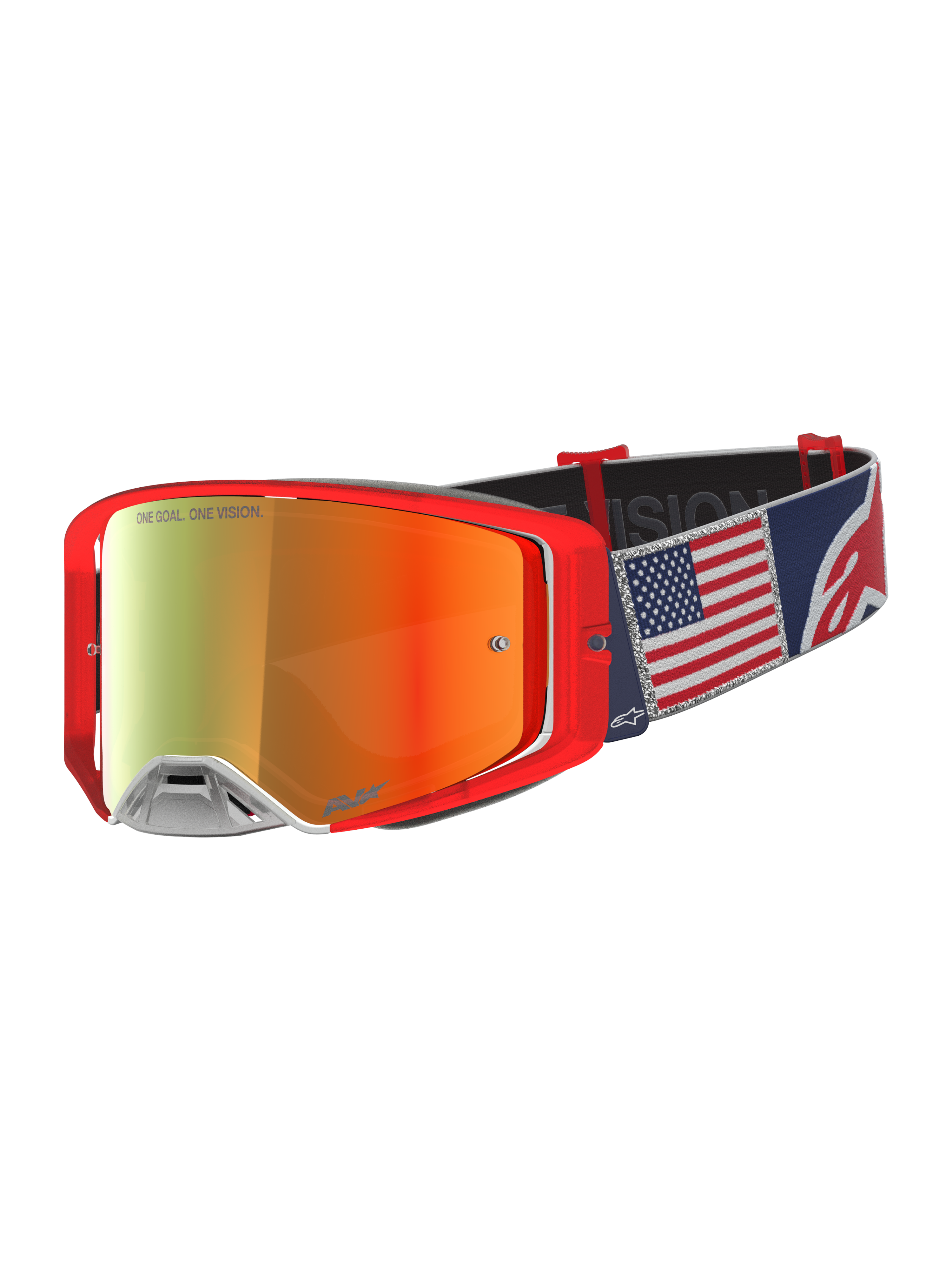 Alpinestars Supertech LE Fiftyfold goggles, motocrossgoggles i begränsad upplaga, röda och blåa med band med amerikanska flaggan och spegelröd lins