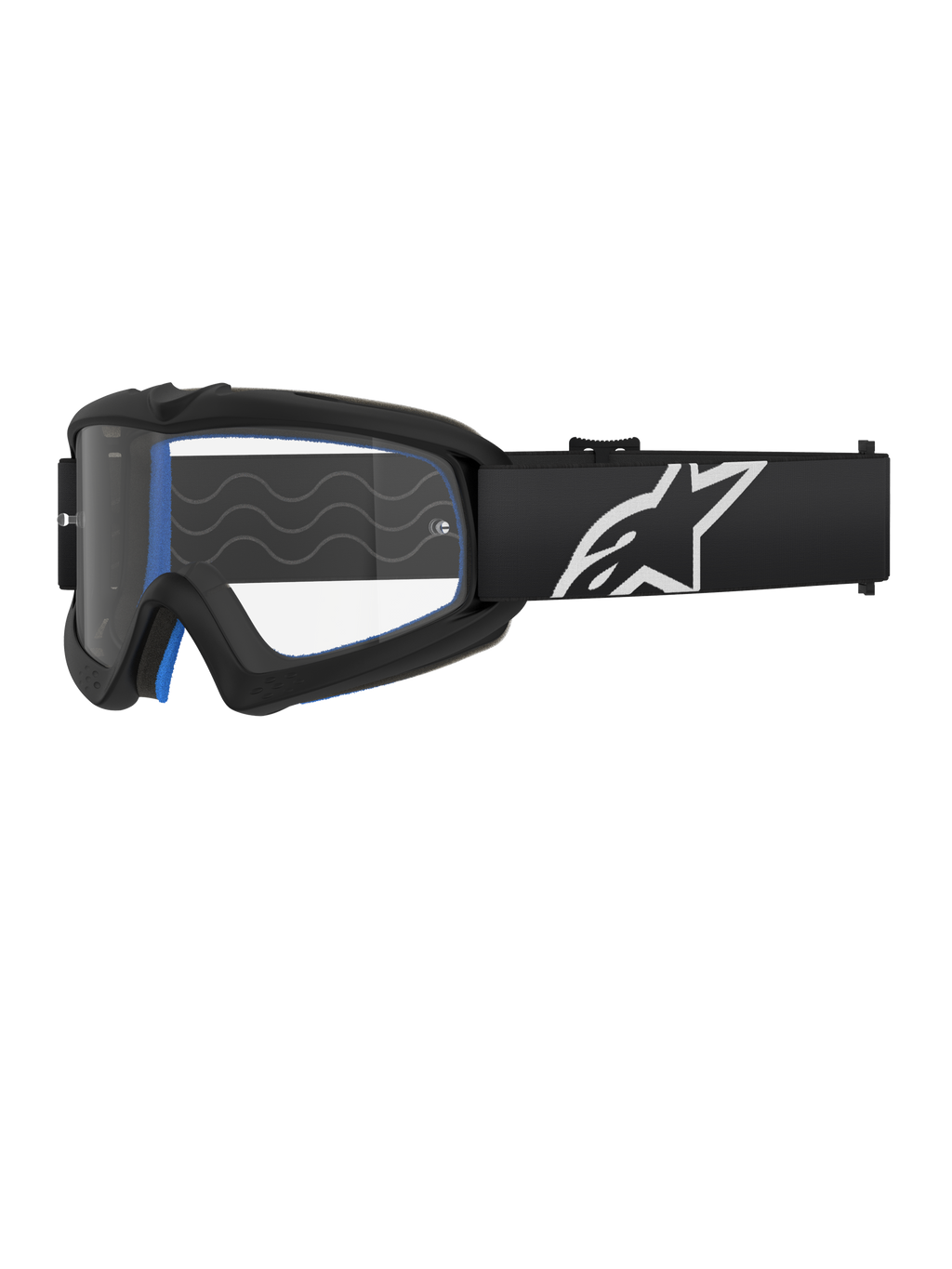 Alpinestars Vision Youth Corp skyddsglasögon, motocrossglasögon för ungdom, svarta med blå vaddering, klar lins med vågmönster, svart rem med vit stjärnlogotyp, stilren modern design