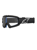 Alpinestars Vision Youth Corp skyddsglasögon, motocrossglasögon för ungdom, svarta med blå vaddering, klar lins med vågmönster, svart rem med vit stjärnlogotyp, stilren modern design