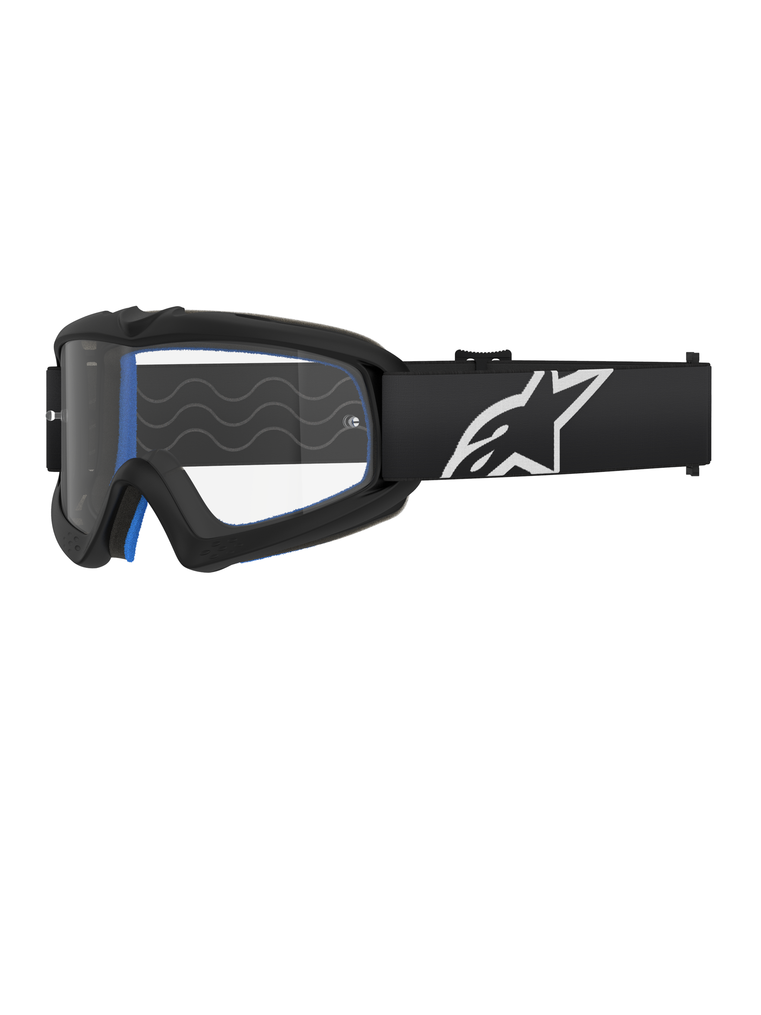 Alpinestars Vision Youth Corp skyddsglasögon, motocrossglasögon för ungdom, svarta med blå vaddering, klar lins med vågmönster, svart rem med vit stjärnlogotyp, stilren modern design