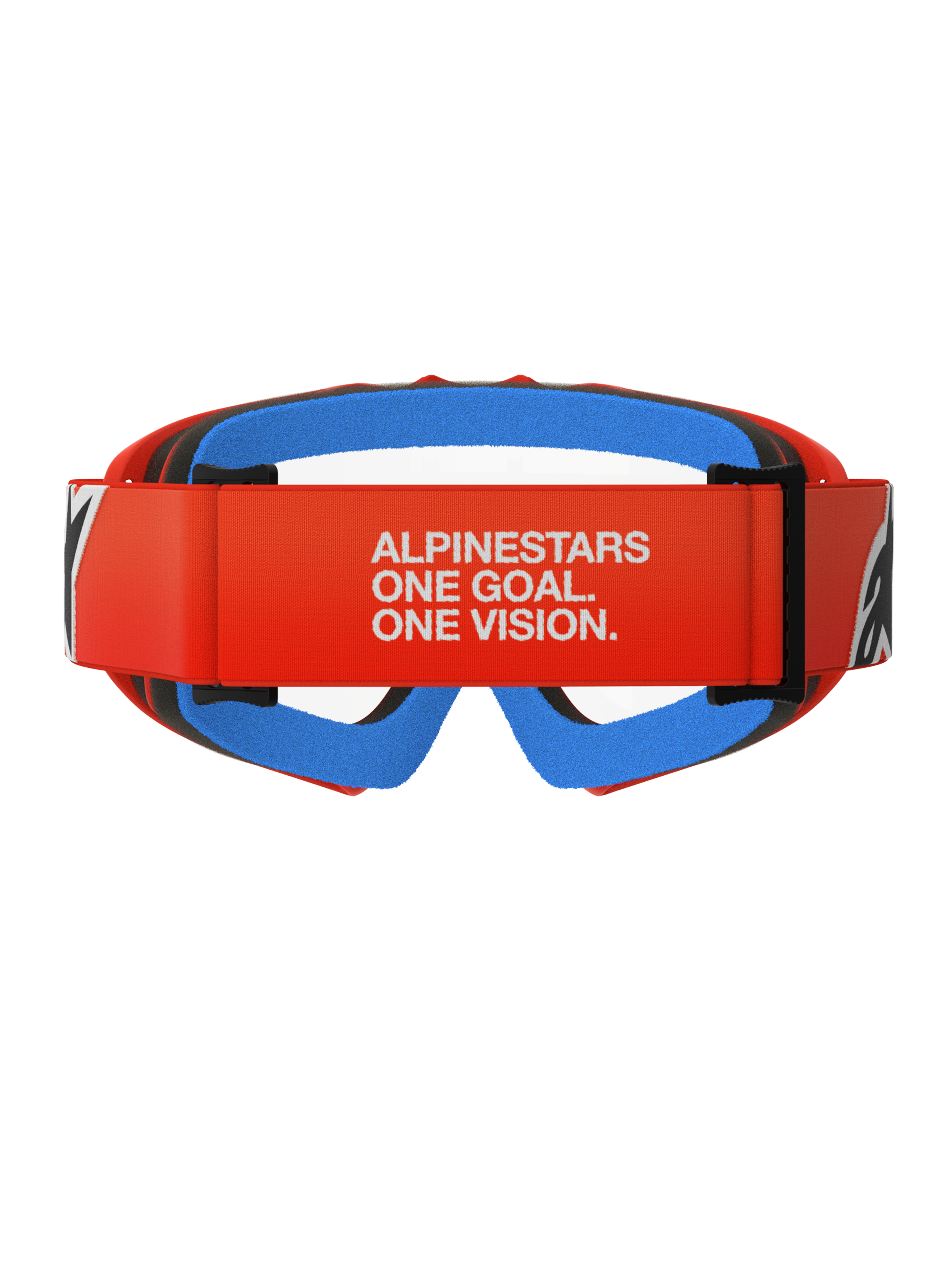 Alpinestars Vision Youth Corp Goggles, Motocross Goggles, Orange with Clear lens, rear view featuring orange strap with white Alpinestars slogan, blue inner face foam, and clear polycarbonate lens