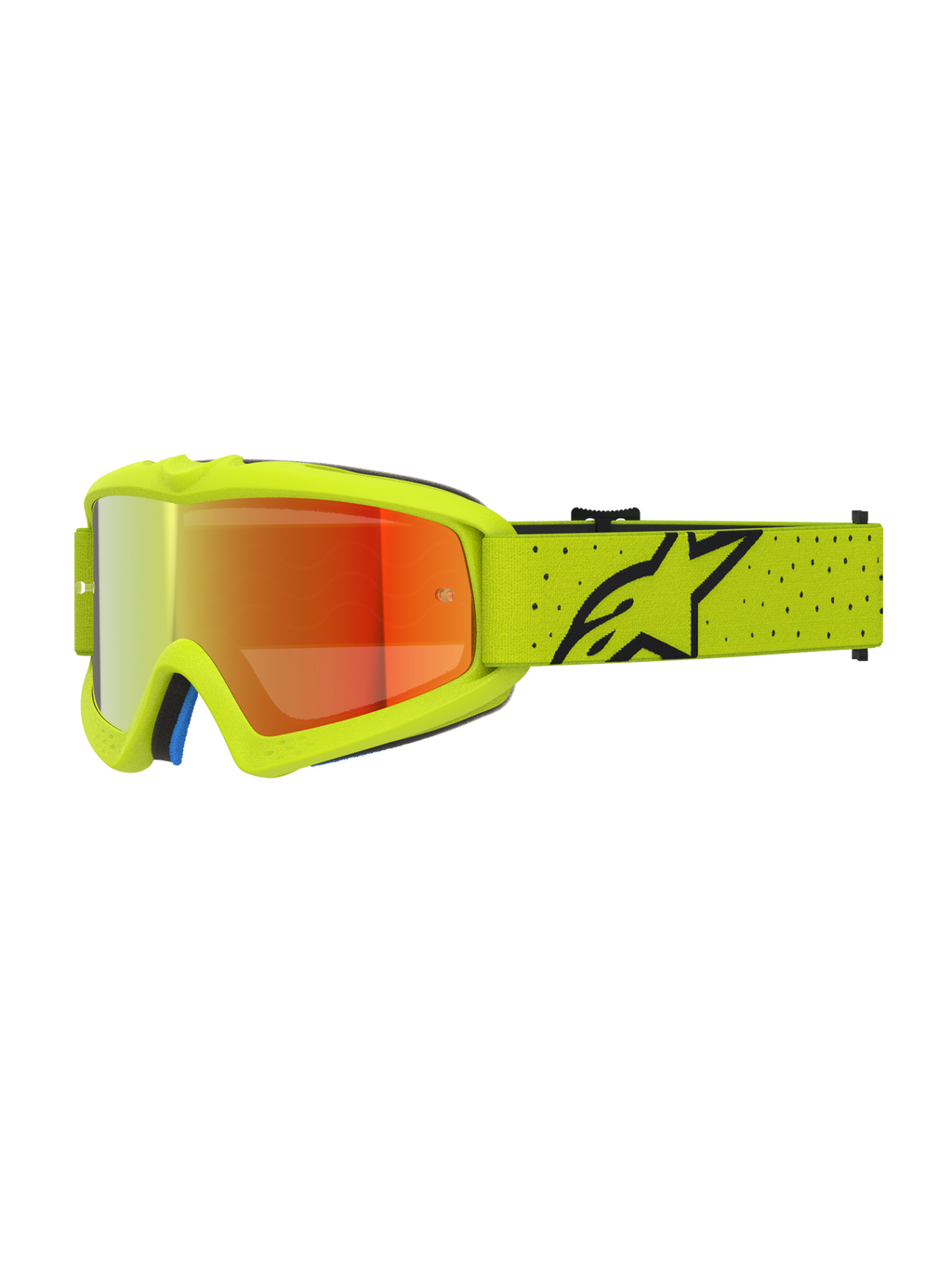 Alpinestars Vision Ungdom Vesta goggles, motocrossglasögon för ungdom, gul fluo och svart med röd spegellins, CE-certifierade, bred rem med svart logotyp.