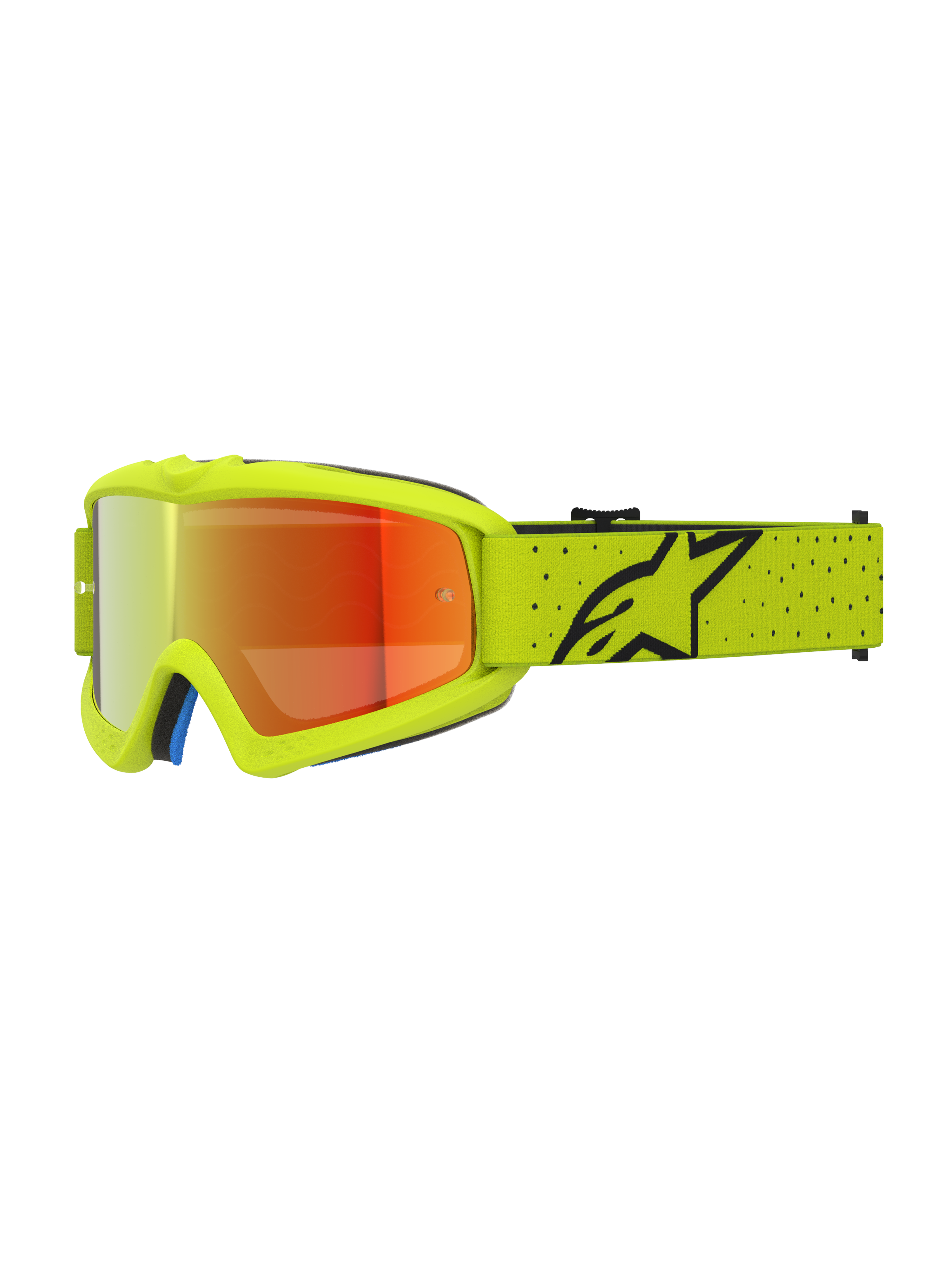 Alpinestars Vision Ungdom Vesta goggles, motocrossglasögon för ungdom, gul fluo och svart med röd spegellins, CE-certifierade, bred rem med svart logotyp.