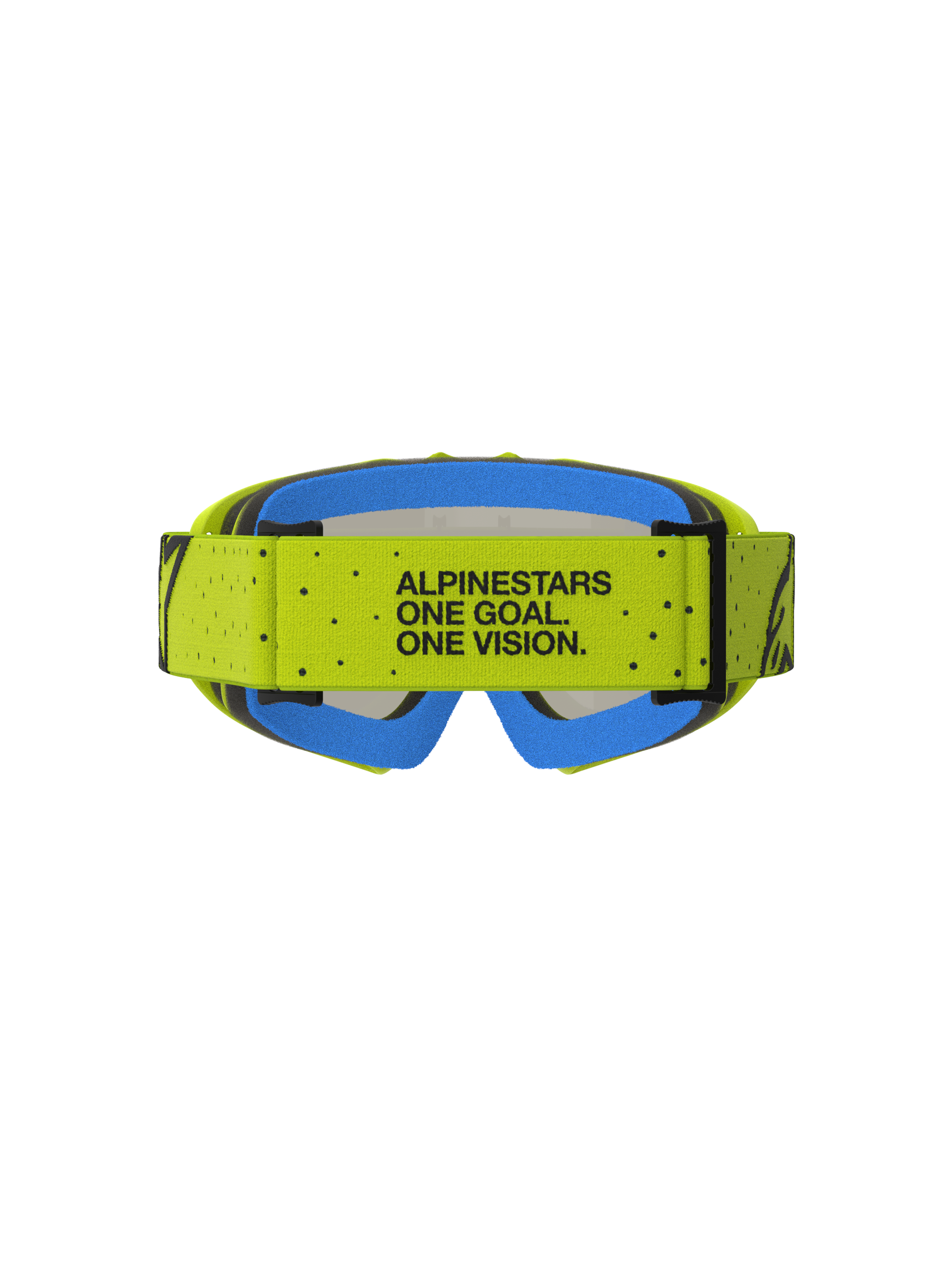 Alpinestars Vision Ungdom Vesta goggles, gul och blå, motocrossglasögon med mottot One Goal. One Vision. på remmen.
