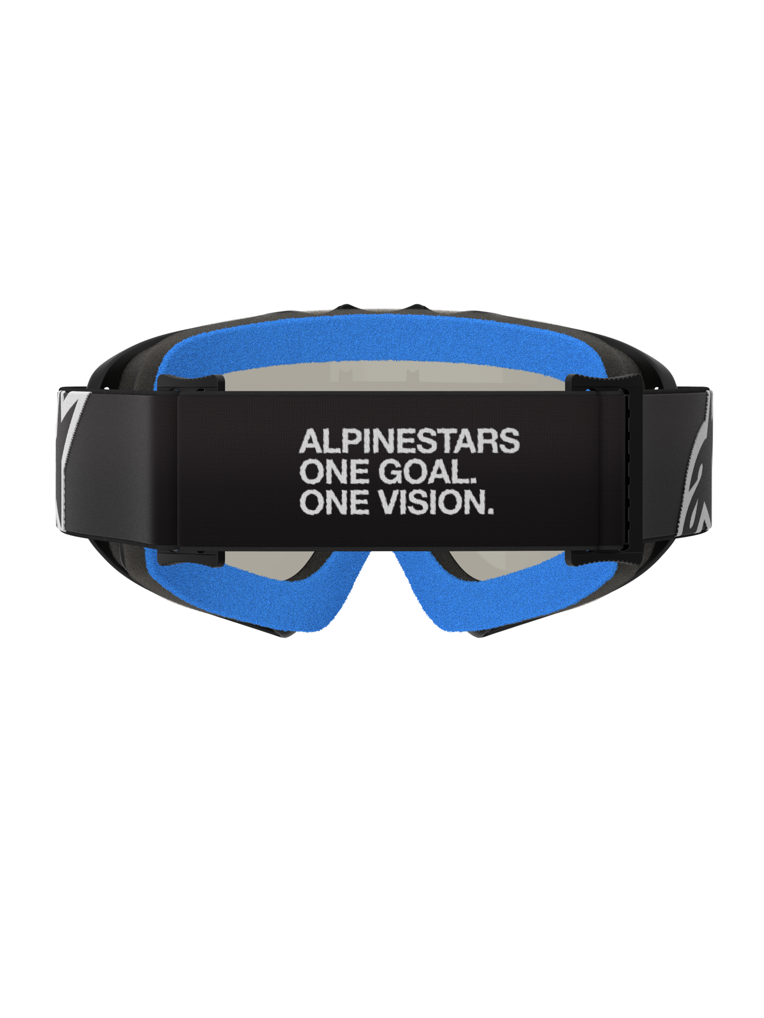 Alpinestars Vision Youth Corp Goggles, Black Mirror Silver, motocrossglasögon, vy bakifrån med svart rem med vit text 'ALPINESTARS ONE GOAL. ONE VISION.', starkblått mjukt ansiktsskum och svart A-FLEX-ram.