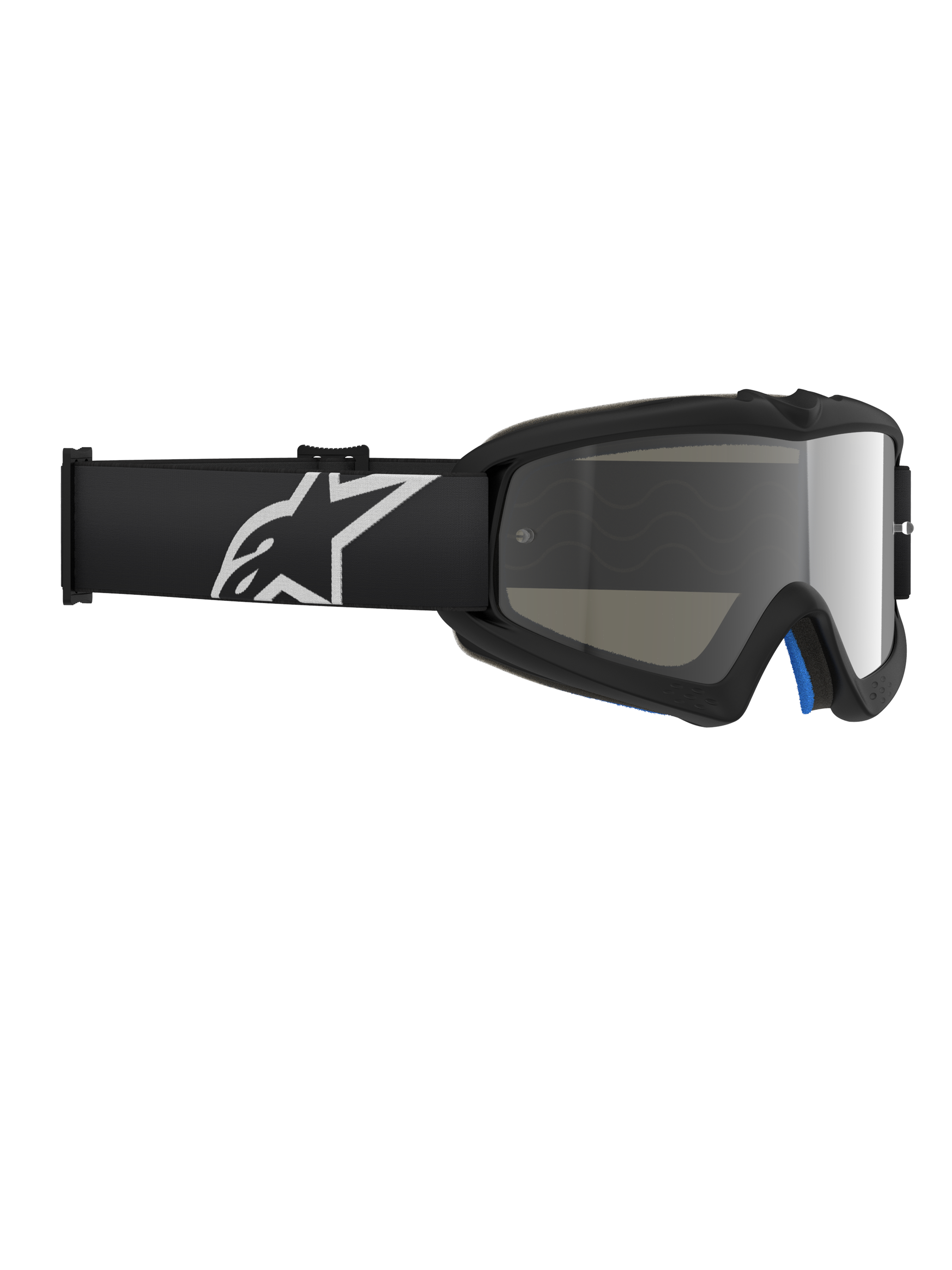 Alpinestars Vision Youth Corp-glasögon, motocrossglasögon, Black Mirror Silver, med en speglad polykarbonatlins och en svart rem med vit Alpinestars-logotyp, designade för unga förare
