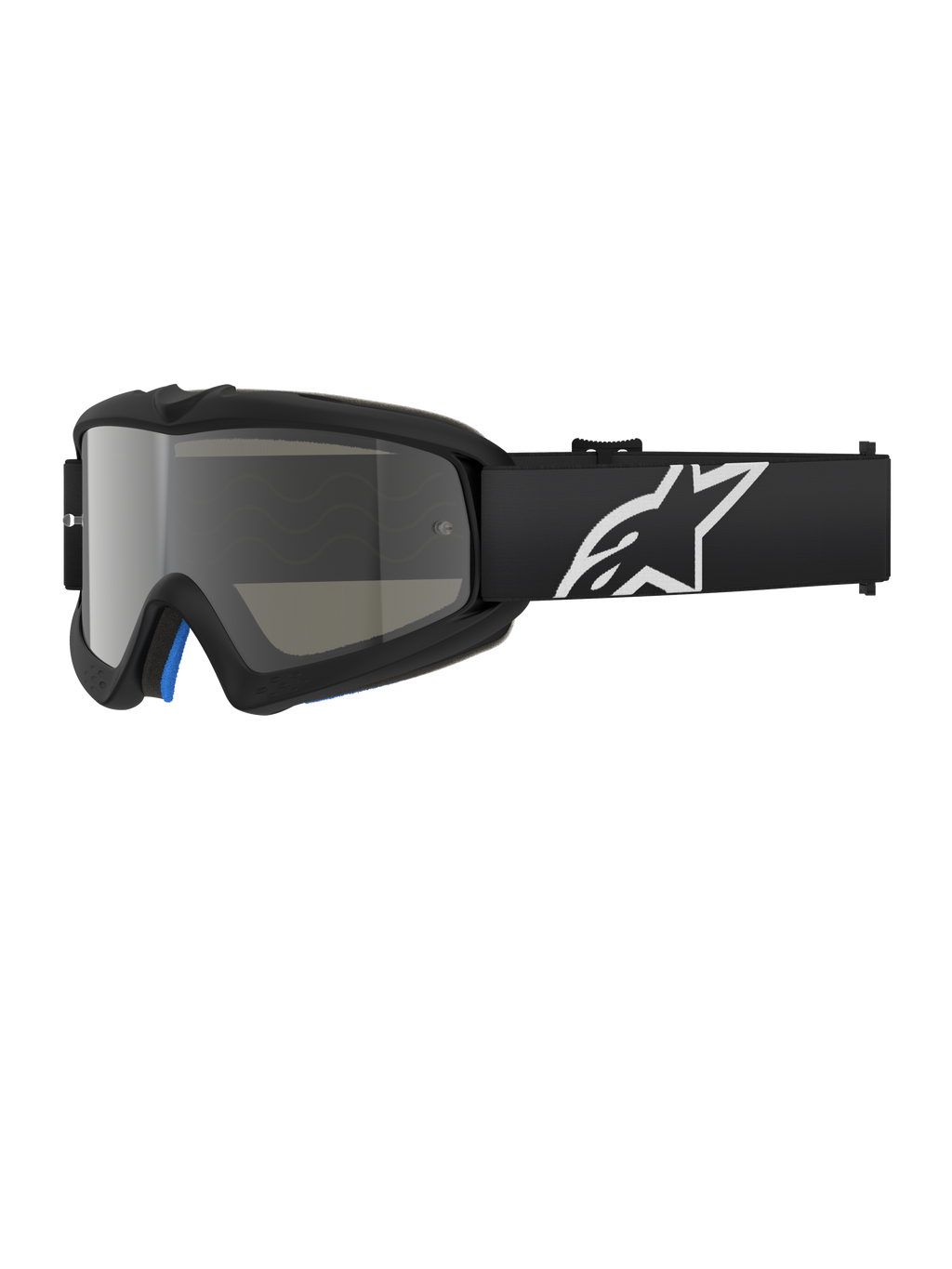 Alpinestars Vision Youth Corp Goggles, svarta motocrossglasögon med silverspegelglas, ungdomsstorlek, svart justerbart band med vit stjärnlogotyp, blå invändig skumvaddering, designade för terrängkörning