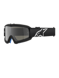 Alpinestars Vision Youth Corp Goggles, svarta motocrossglasögon med silverspegelglas, ungdomsstorlek, svart justerbart band med vit stjärnlogotyp, blå invändig skumvaddering, designade för terrängkörning