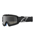 Alpinestars Vision Youth Corp Goggles, svarta motocrossglasögon med silverspegelglas, ungdomsstorlek, svart justerbart band med vit stjärnlogotyp, blå invändig skumvaddering, designade för terrängkörning