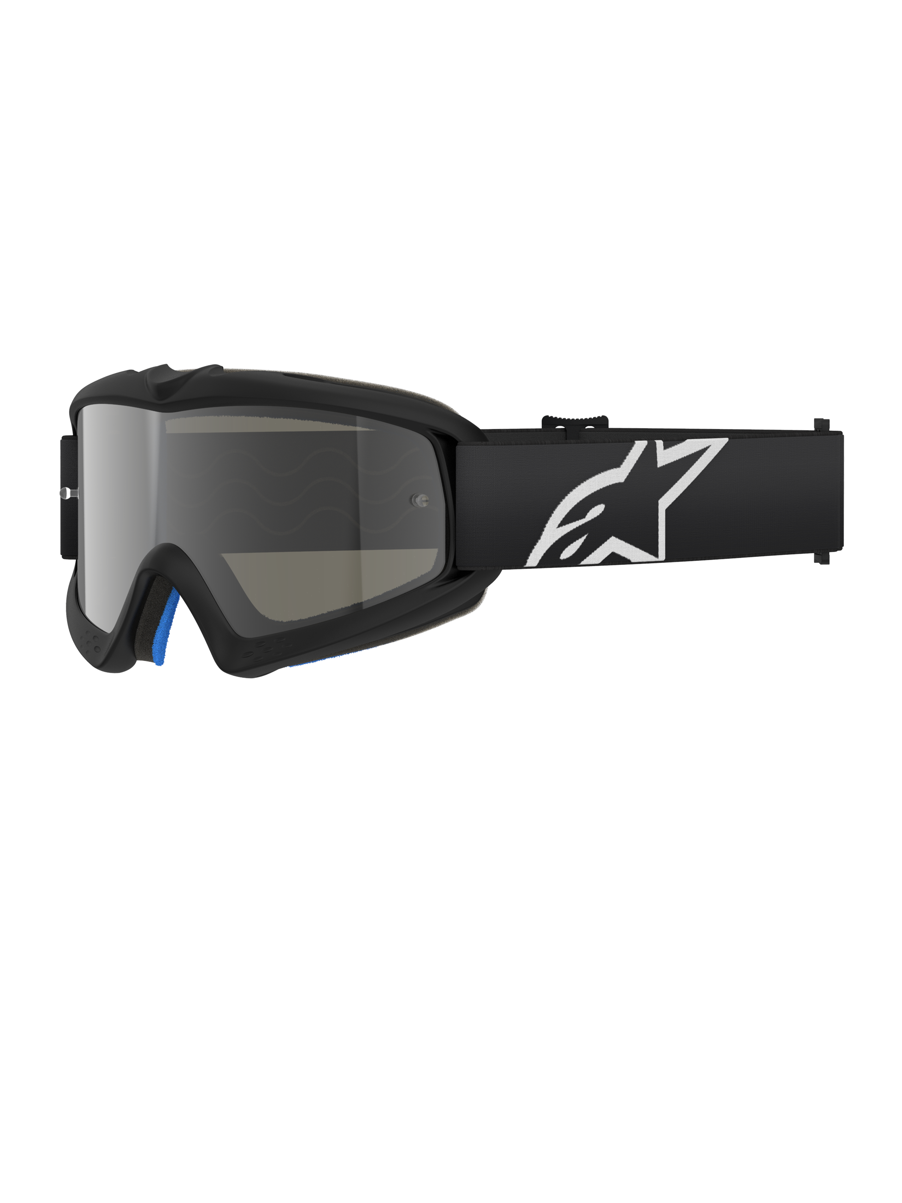 Alpinestars Vision Youth Corp Goggles, svarta motocrossglasögon med silverspegelglas, ungdomsstorlek, svart justerbart band med vit stjärnlogotyp, blå invändig skumvaddering, designade för terrängkörning