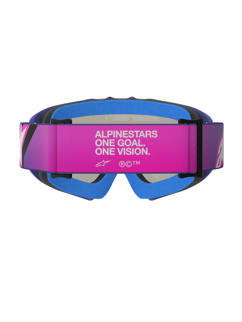 Alpinestars Vision Youth Corp Goggles, motocrossglasögon, lila, neonrosa och spegelblå, vy bakifrån med ett rosa justerbart band med vit 'ALPINESTARS ONE GOAL. ONE VISION.'-text, blått vadderat ansiktsskum och lila uretanram, designade för unga terrängförare.
