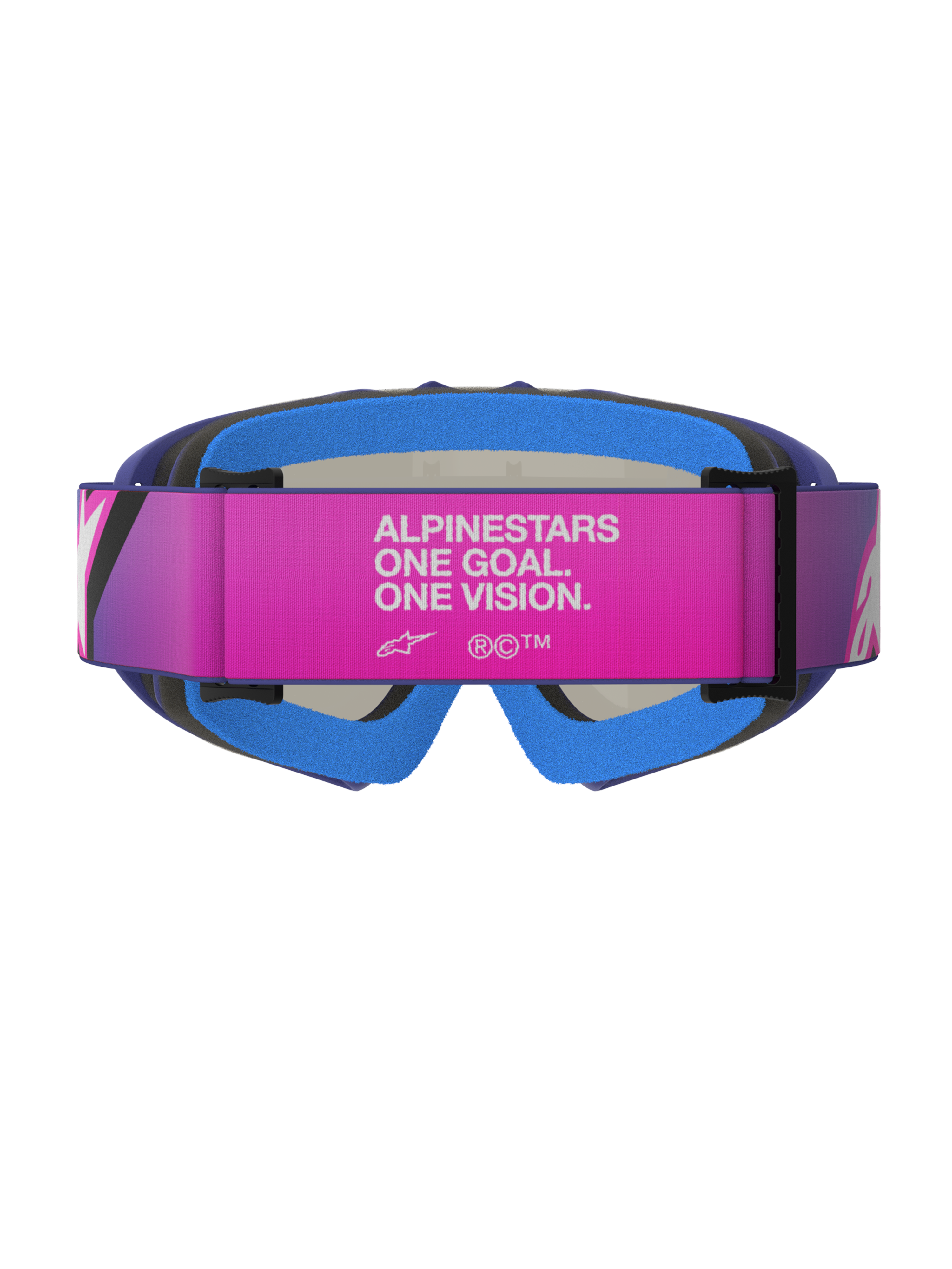 Alpinestars Vision Youth Corp Goggles, motocrossglasögon, lila, neonrosa och spegelblå, vy bakifrån med ett rosa justerbart band med vit 'ALPINESTARS ONE GOAL. ONE VISION.'-text, blått vadderat ansiktsskum och lila uretanram, designade för unga terrängförare.