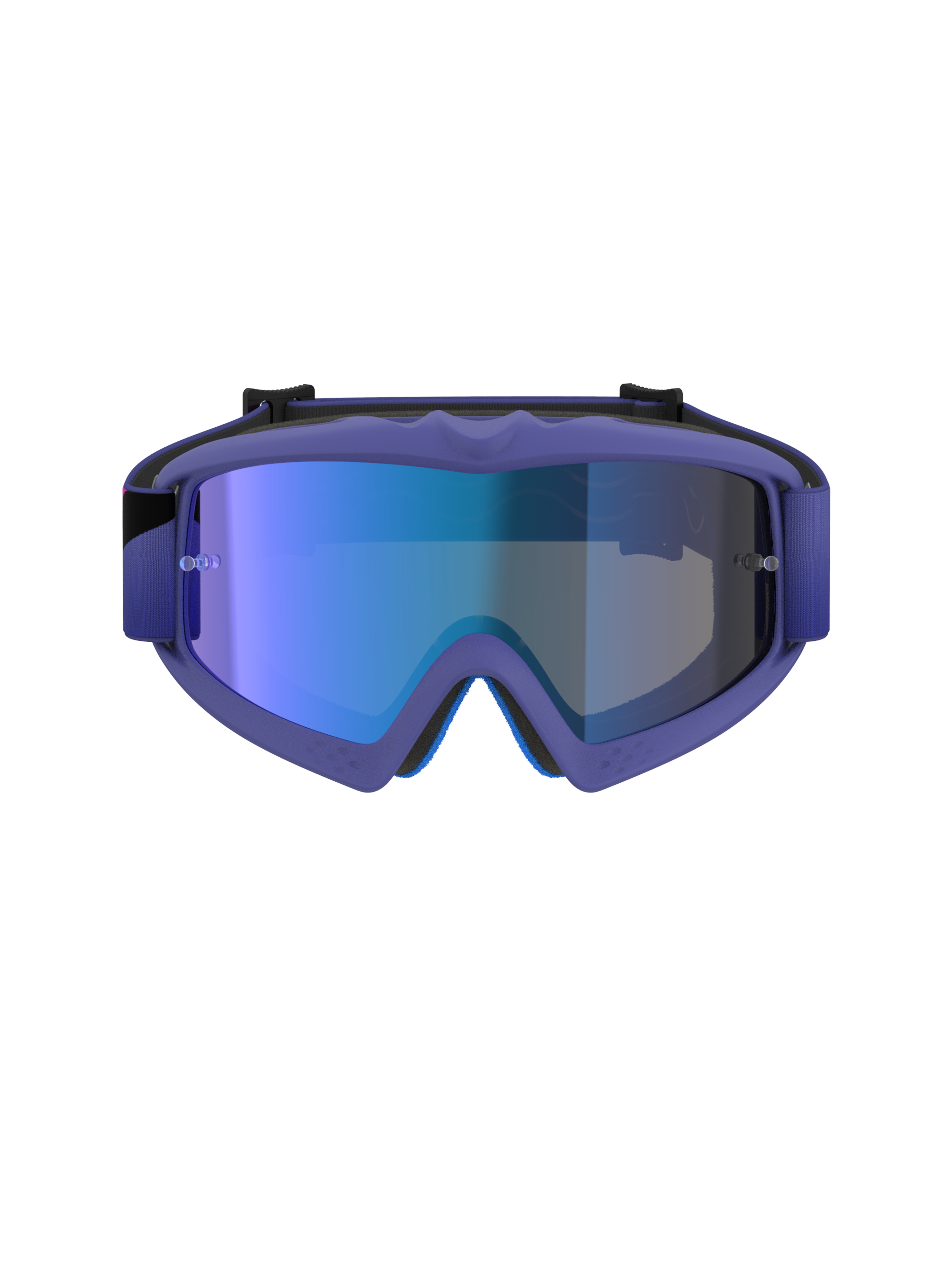 Alpinestars Vision Youth Corp Goggles, motocrossglasögon, lila och fluo-rosa ram med blå spegelglas, ungdomsspecifikt ögonskydd för terrängkörning, frontvy som visar A-FLEX-ram och ansiktsskumskonstruktion i flera lager