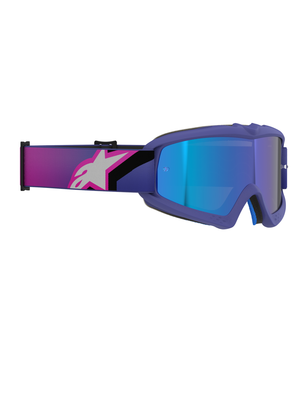 Alpinestars Vision Youth Corp Goggles, motocrossglasögon, lila och fluorescerande rosa ram med Mirror Blue-lins, brett elastiskt band med en rosa och vit Alpinestars-logotyp, högpresterande terrängglasögon för unga förare