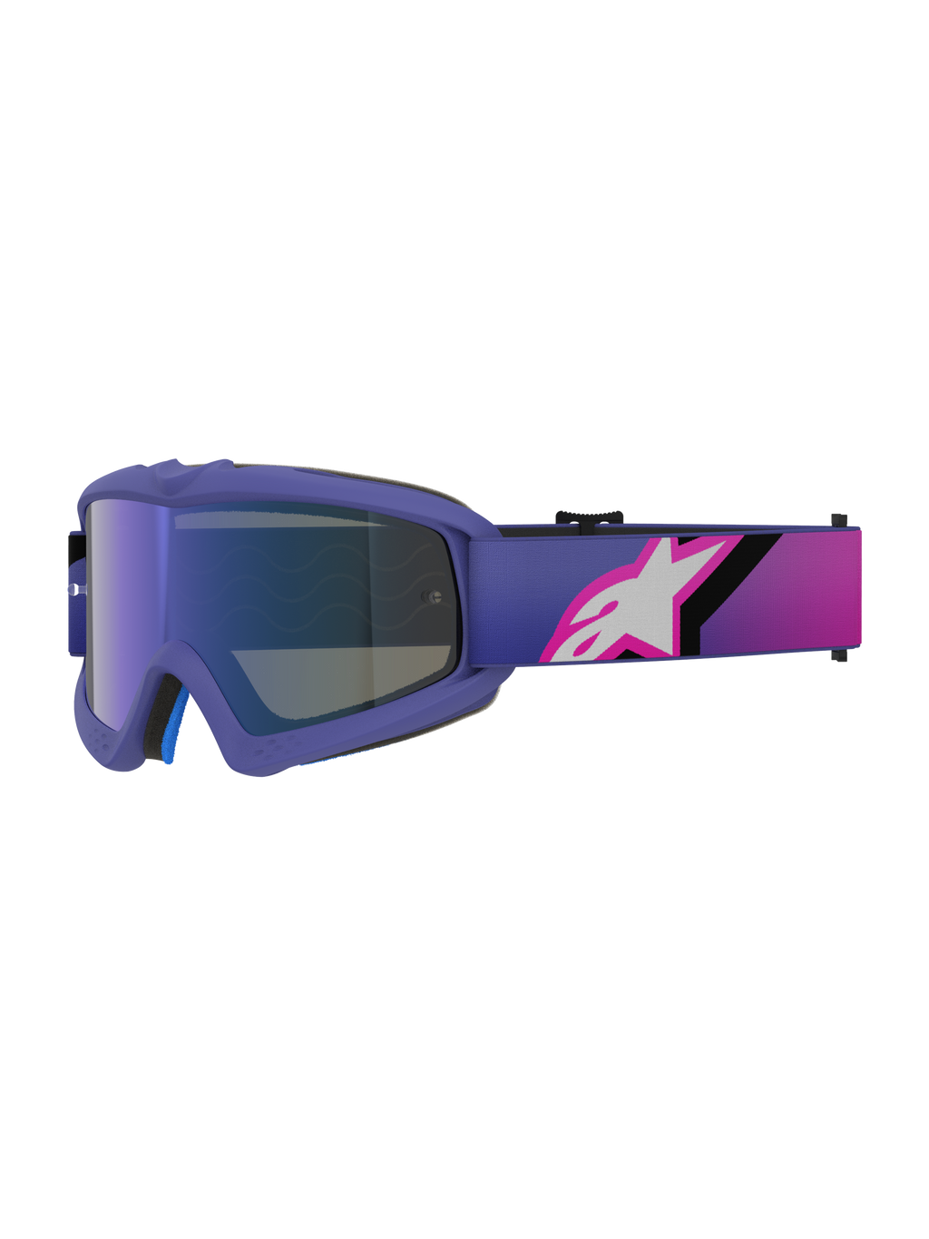Alpinestars Vision Youth Corp Goggles, motocrossglasögon, lila och fluo-rosa, med Mirror Blue-lins och ett graderat band med en vit Alpinestars-logotyp, designade för unga off-road-förare