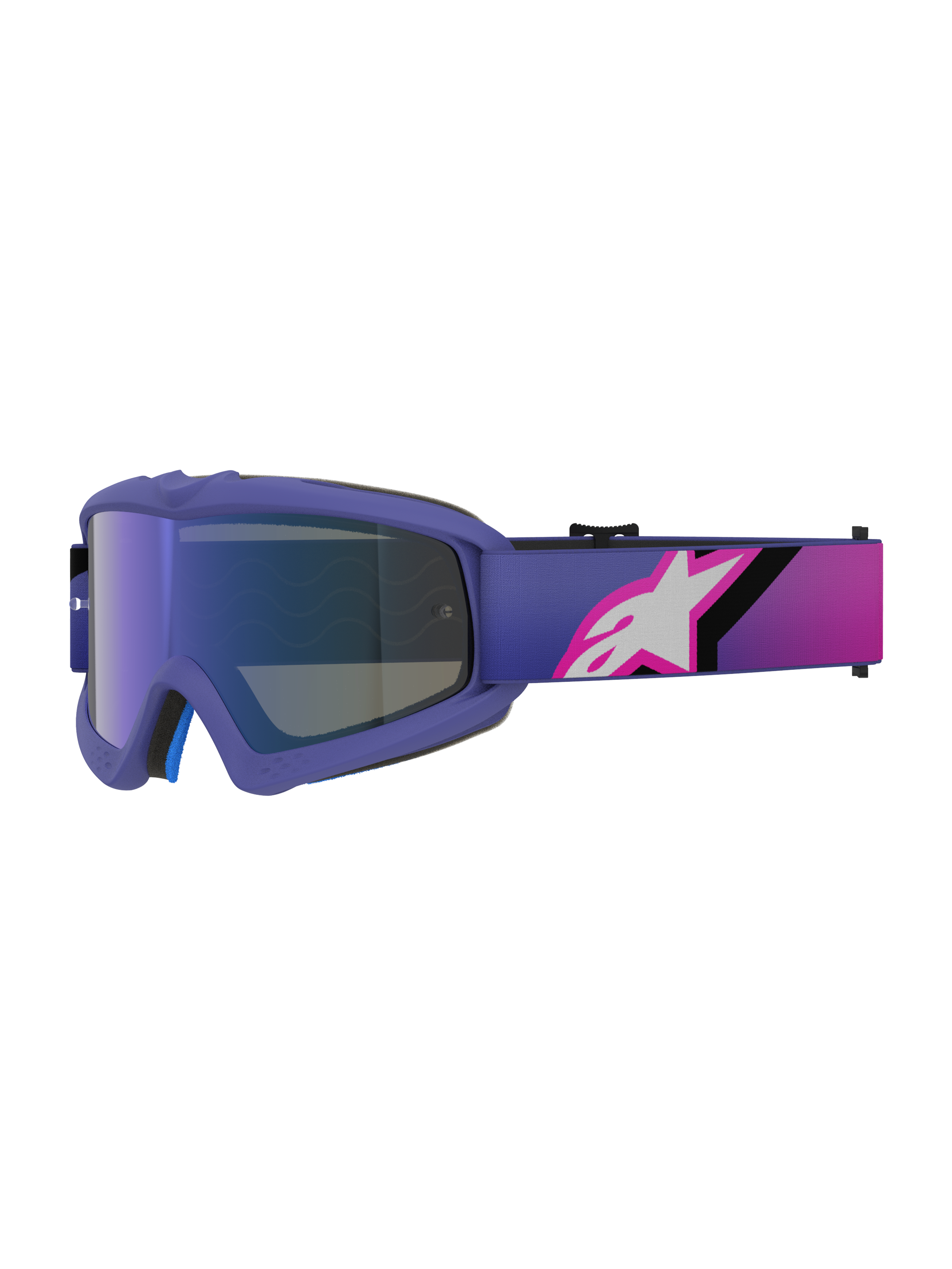 Alpinestars Vision Youth Corp Goggles, motocrossglasögon, lila och fluo-rosa, med Mirror Blue-lins och ett graderat band med en vit Alpinestars-logotyp, designade för unga off-road-förare