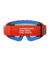 Alpinestars Vision Youth Corp Goggles, Youth Motocross Goggles, Orange and Red with Blue foam, rear view featuring wide red strap with white 'ALPINESTARS ONE GOAL. ONE VISION.' branding, multi-layer comfort foam for secure fit