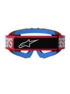 Alpinestars Vision Youth Blaze Goggles, röda och klara, sedda bakifrån med en röd vävd rem, svart logotyp och vita detaljer, klarblått ansiktsskum och en klar imskyddad lins, designade för motocross för ungdomar.