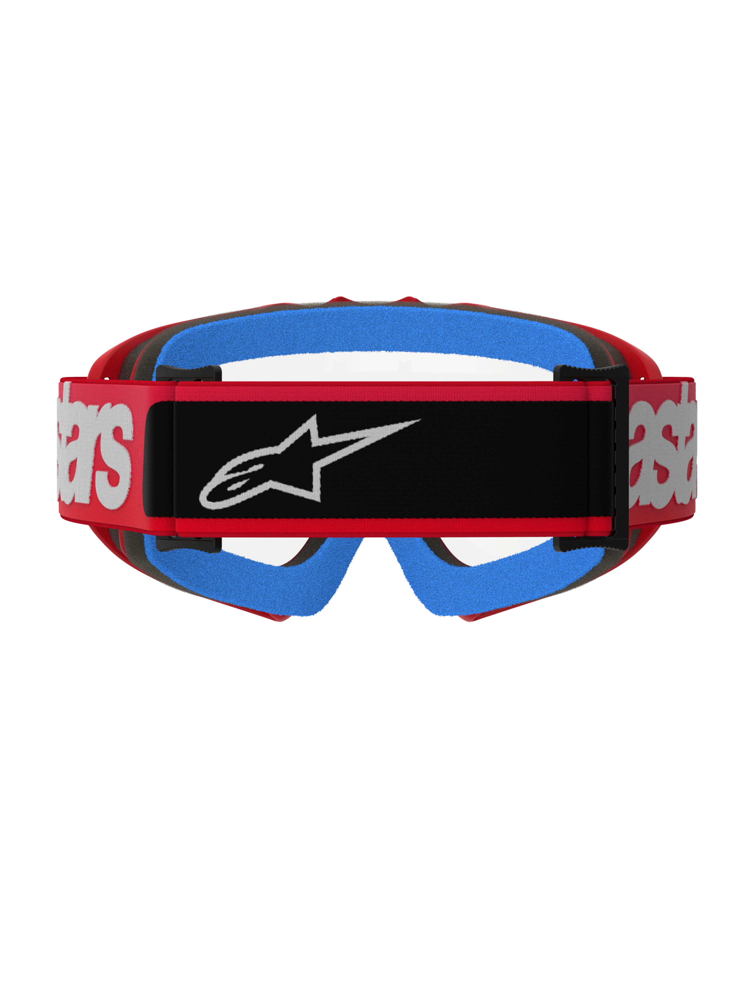 Alpinestars Vision Youth Blaze Goggles, röda och klara, sedda bakifrån med en röd vävd rem, svart logotyp och vita detaljer, klarblått ansiktsskum och en klar imskyddad lins, designade för motocross för ungdomar.