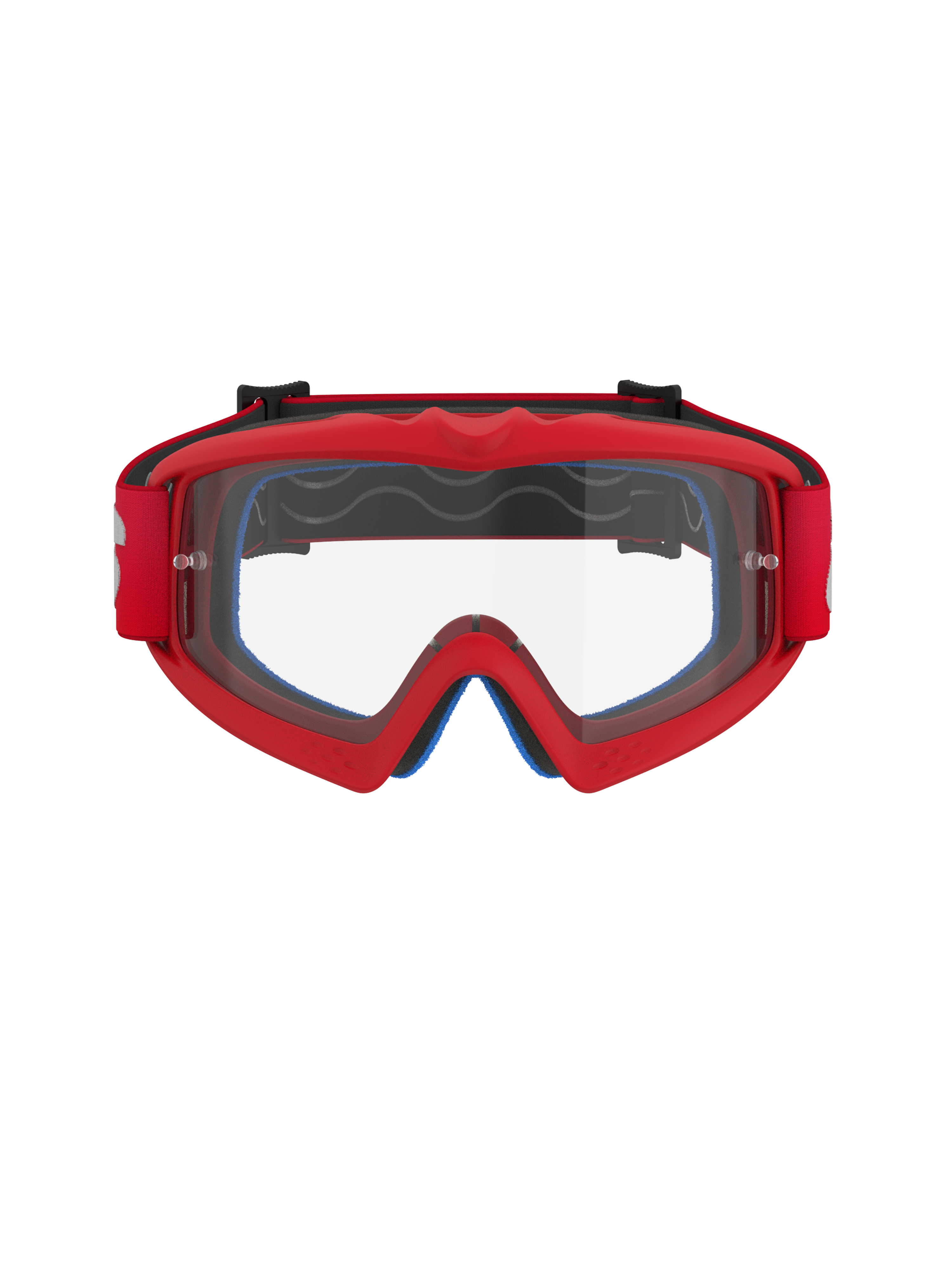 Alpinestars Vision Youth Blaze motocrossglasögon, röda med klar lins, ungdomsmodell med en flexibel uretanram, imskyddad polykarbonatlins med tear-off-fästen, vy framifrån för racingprestanda vid terrängkörning