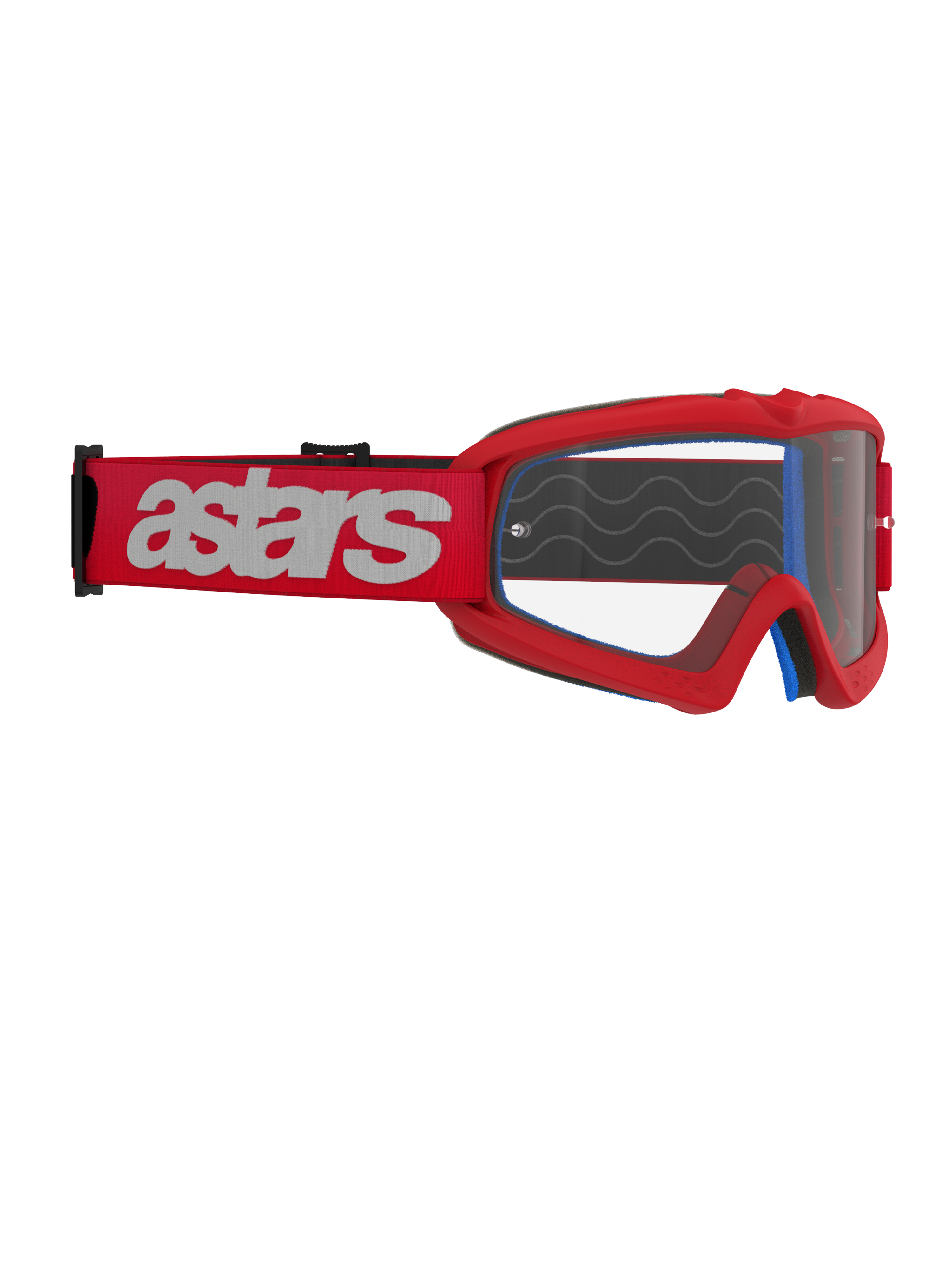 Alpinestars Vision Youth Blaze Goggles, motocrossglasögon, röda och klara, röd rem med vit astars-logotyp, racingglasögon specifikt för ungdomar med imskyddad polykarbonatlins