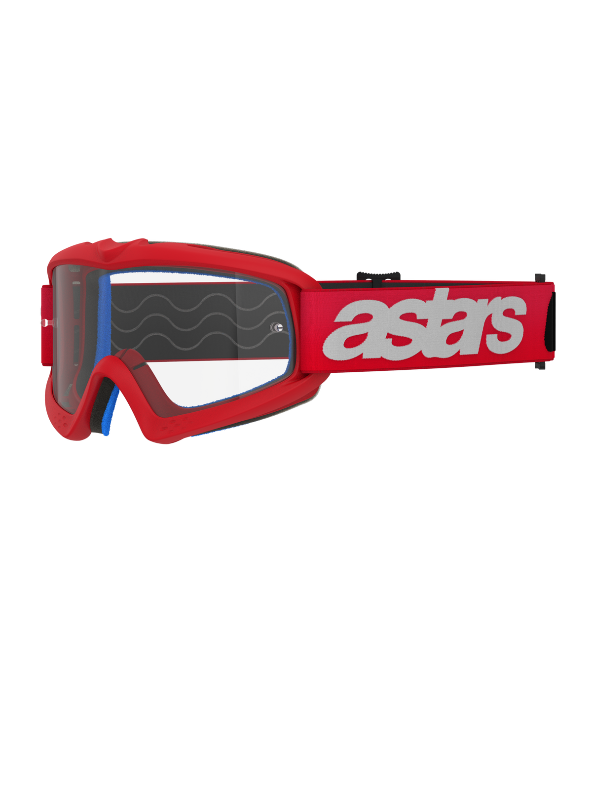 Alpinestars Vision Youth Blaze Goggles, Youth Motocross Goggles, Red and White, Clear lens with tear-off posts, blue interior padding, red strap with white branding and silicone wave pattern for grip, high-performance eye protection for youth off-road racing