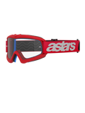 Alpinestars Vision Youth Blaze skyddsglasögon, motocrossglasögon för ungdomar, röda och vita, klar lins med tear-off-fästen, blå inre skumvaddering, röd rem med vit logotyp och vågmönster i silikon för grepp, högpresterande ögonskydd för terrängkörning för ungdomar