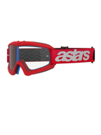Alpinestars Vision Youth Blaze skyddsglasögon, motocrossglasögon för ungdomar, röda och vita, klar lins med tear-off-fästen, blå inre skumvaddering, röd rem med vit logotyp och vågmönster i silikon för grepp, högpresterande ögonskydd för terrängkörning för ungdomar