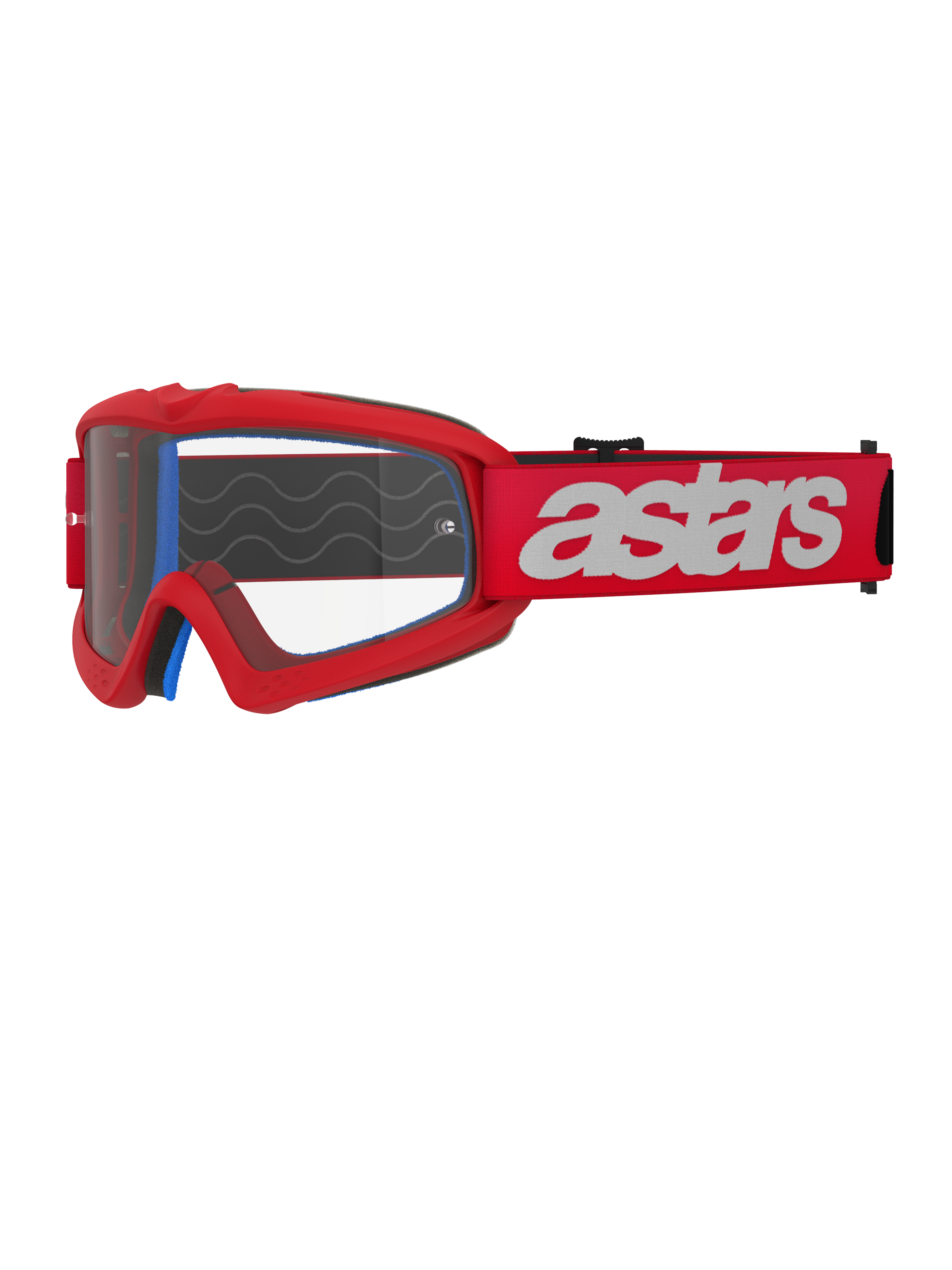 Alpinestars Vision Youth Blaze skyddsglasögon, motocrossglasögon för ungdomar, röda och vita, klar lins med tear-off-fästen, blå inre skumvaddering, röd rem med vit logotyp och vågmönster i silikon för grepp, högpresterande ögonskydd för terrängkörning för ungdomar